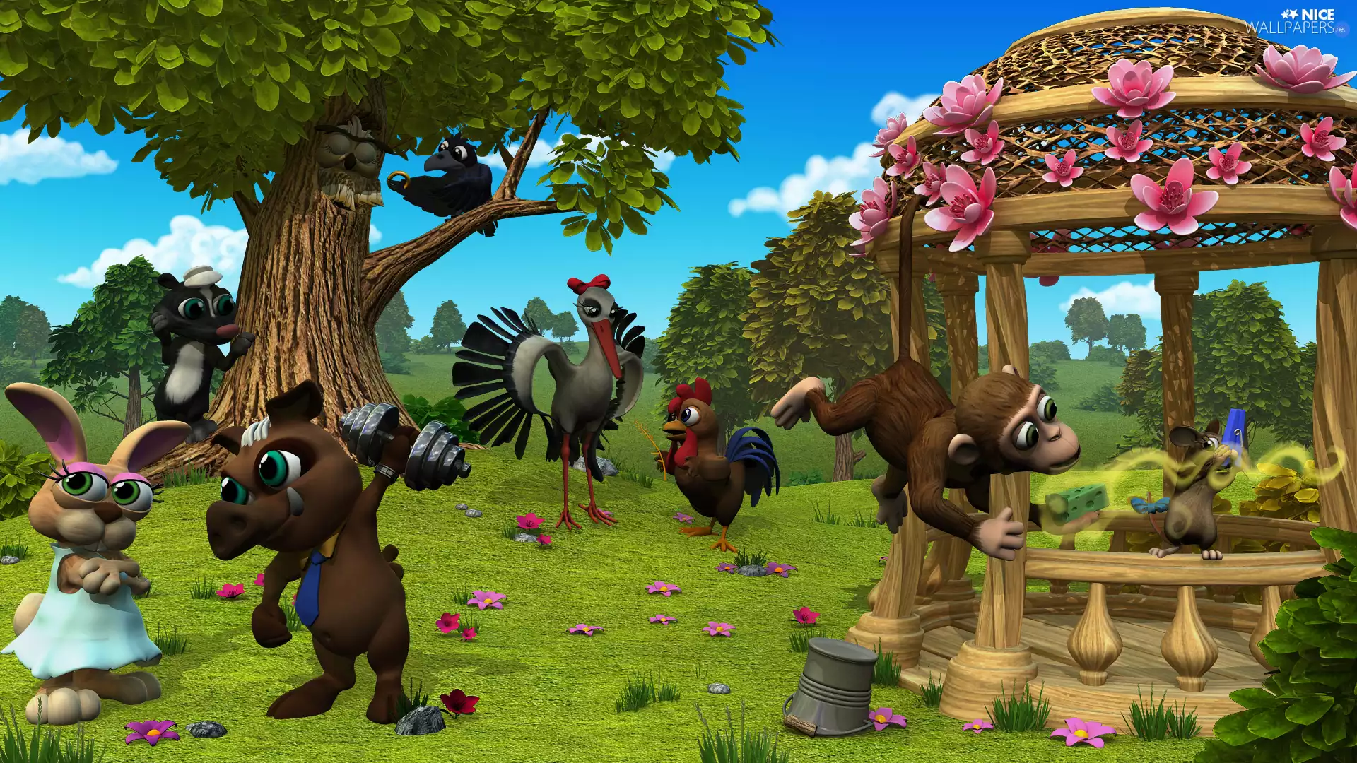 Rabbit, Farmerama, Bird, rooster, game, Monkey, trees