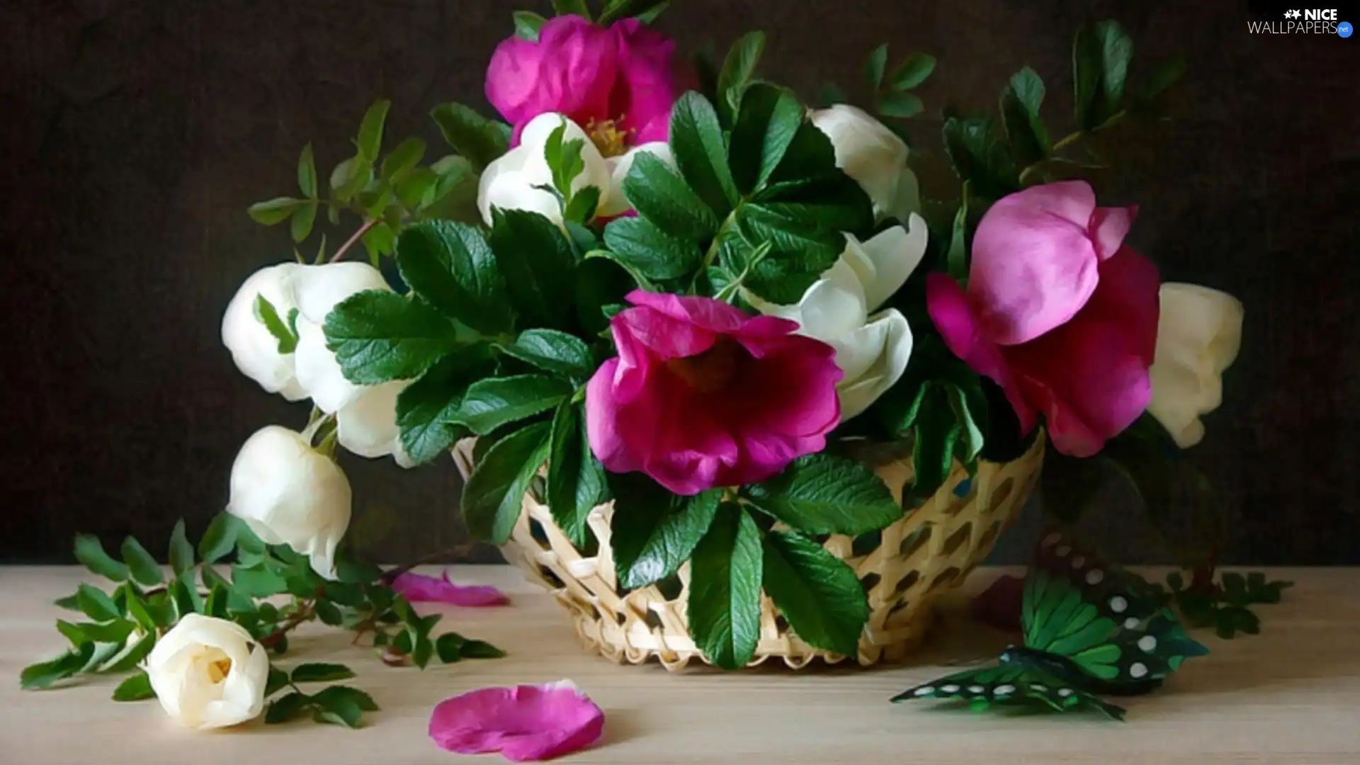 basket, wild, rose, bouquet