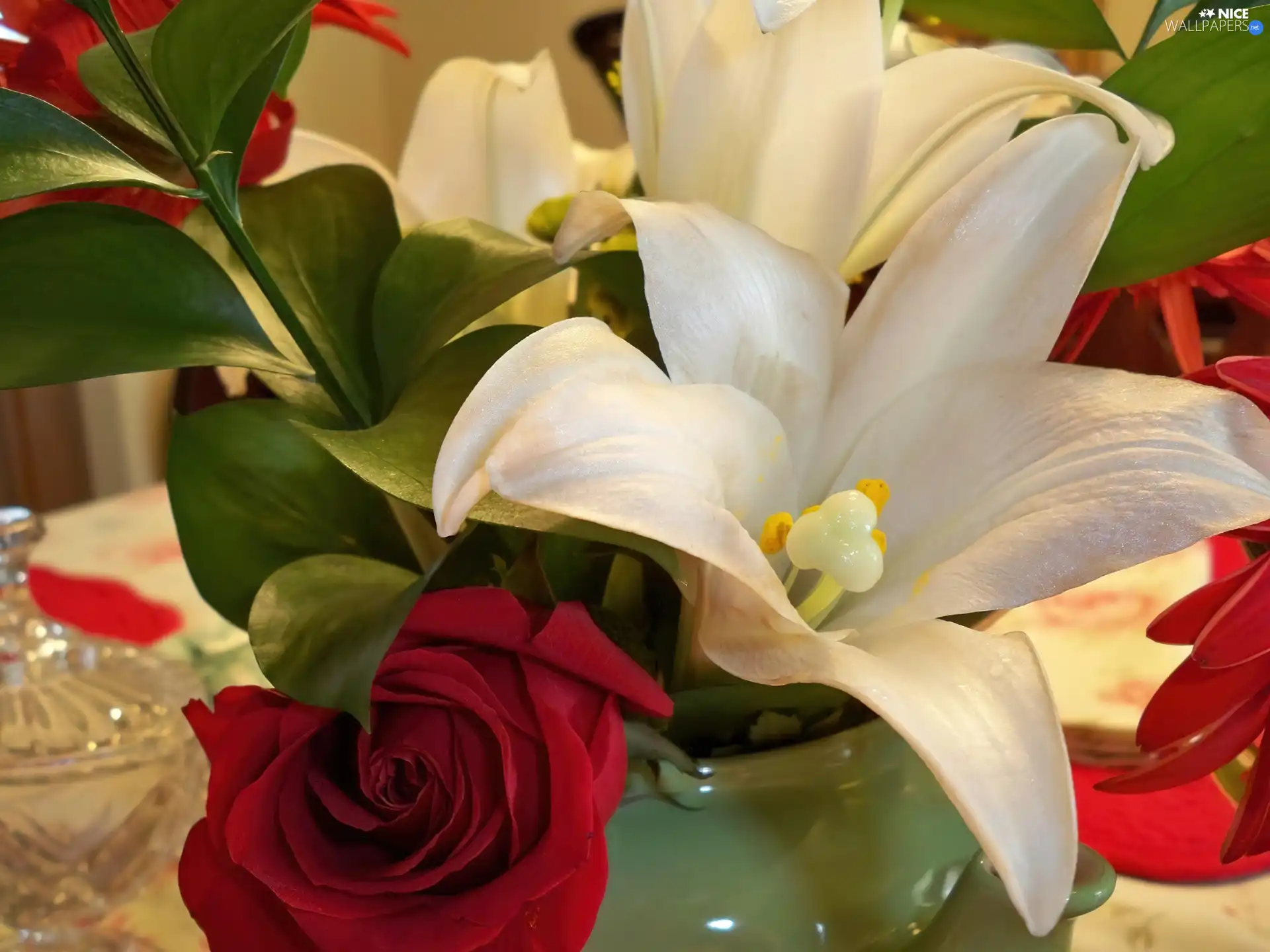 bouquet, lilies, rose, flowers