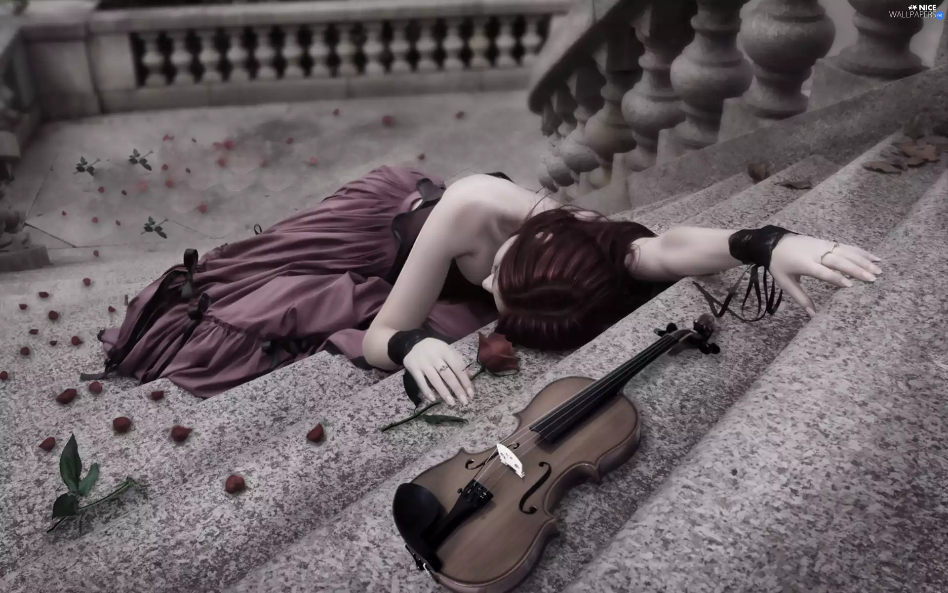 Stairs, rose, Violinist, violin, fainted