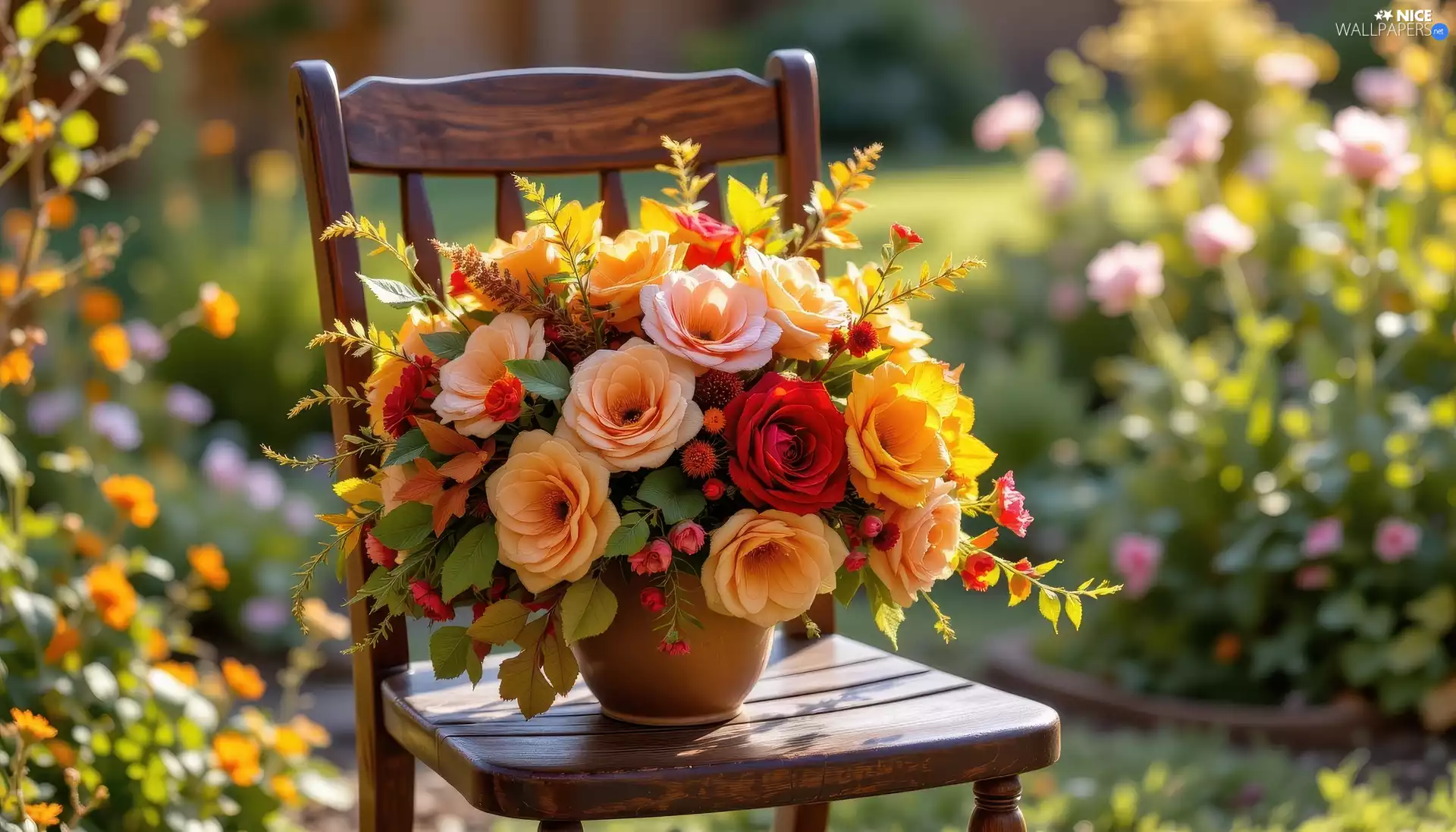 Flowers, Vase, Chair, roses