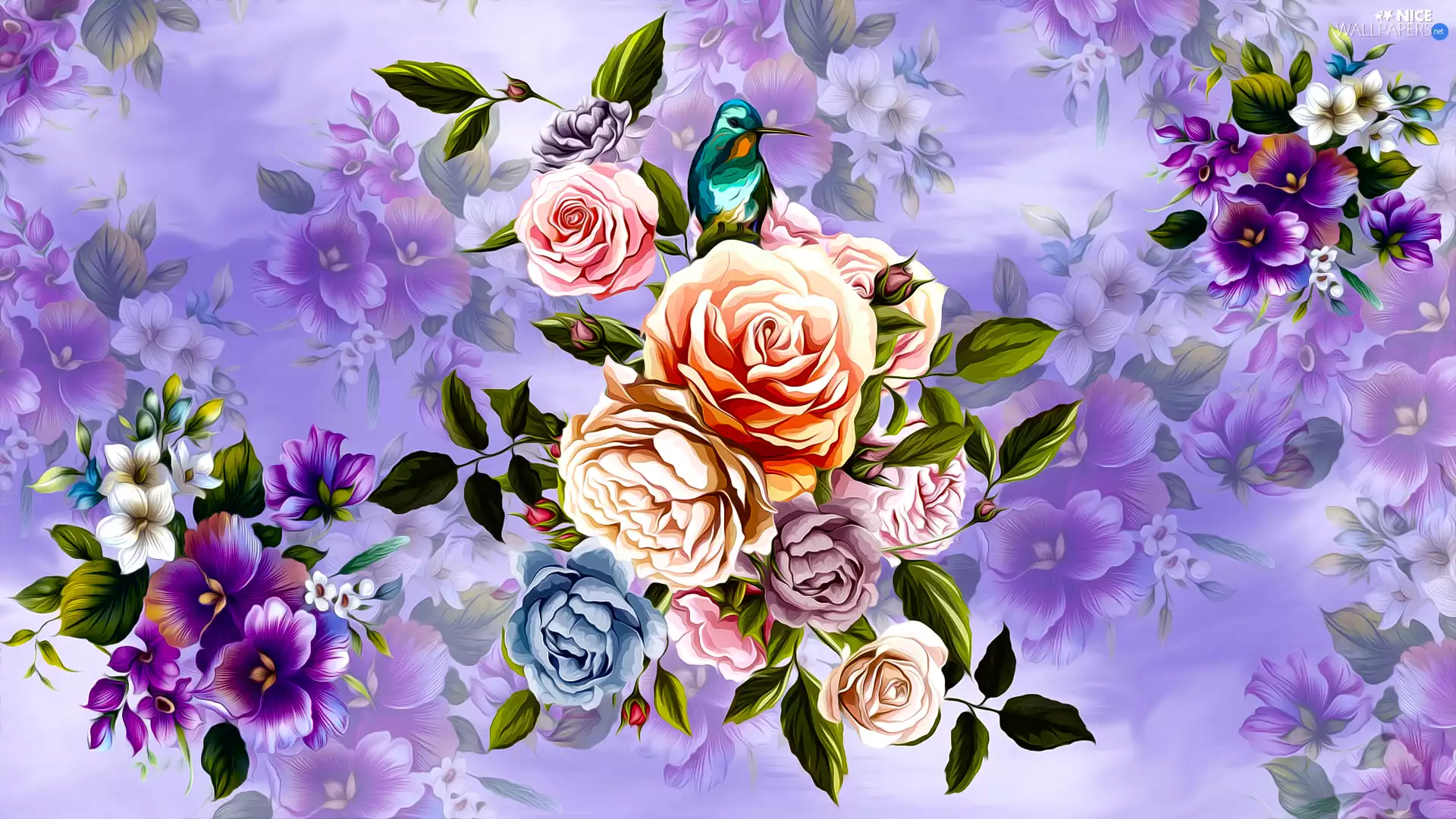 Flowers, Bird, graphics, roses
