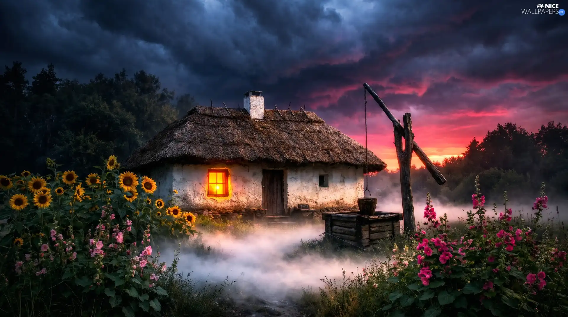 Fog, house, cottage, clouds, well, forest, rural, Great Sunsets, dark, Flowers