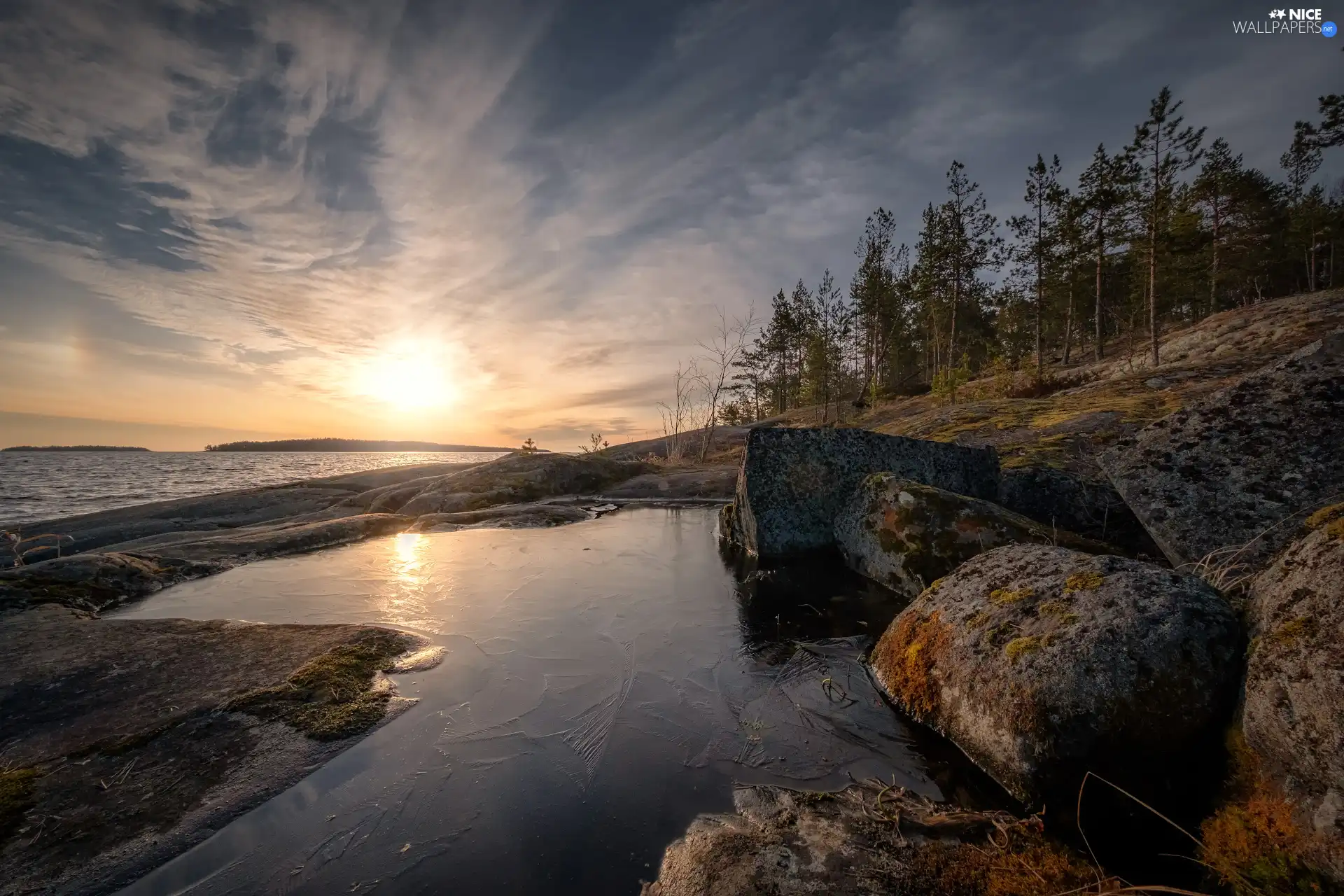 scarp, Lake Ladoga, viewes, rocks, Sunrise, trees, Russia