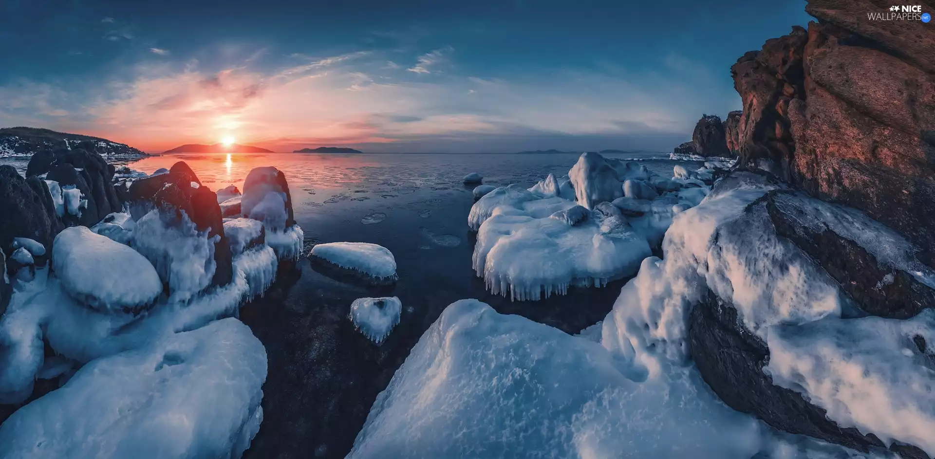 Sunrise, rocks, Seaside, dawn, Japanese Sea, winter, Russia