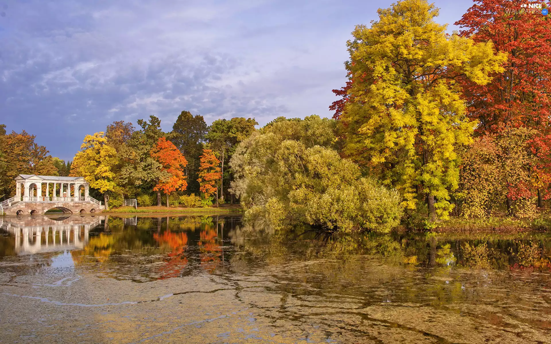 clouds, autumn, viewes, St. Petersburg, Pond - car, Park, trees, Russia, Pawlowski, bridge
