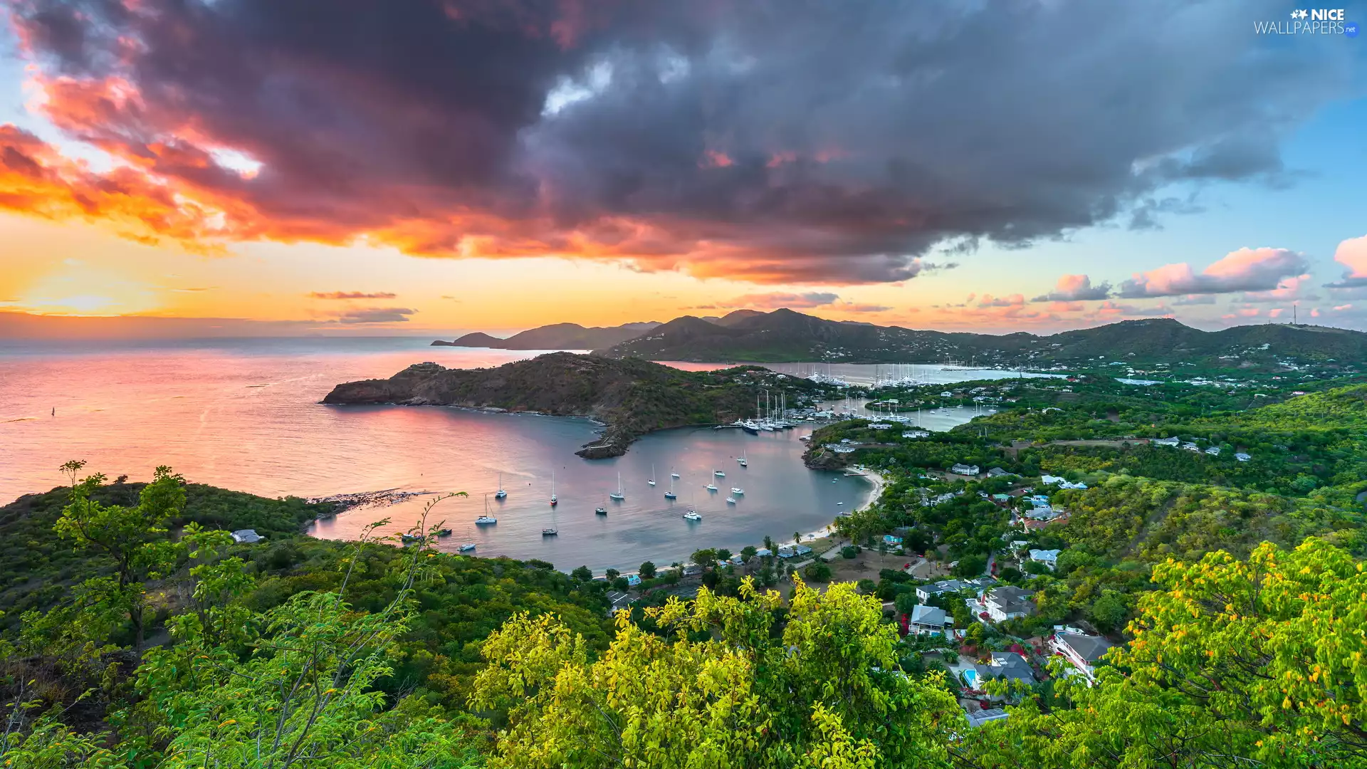 Sailboats, sea, Caribbean, Gulf, Mountains, Antigua, Antigua and Barbuda