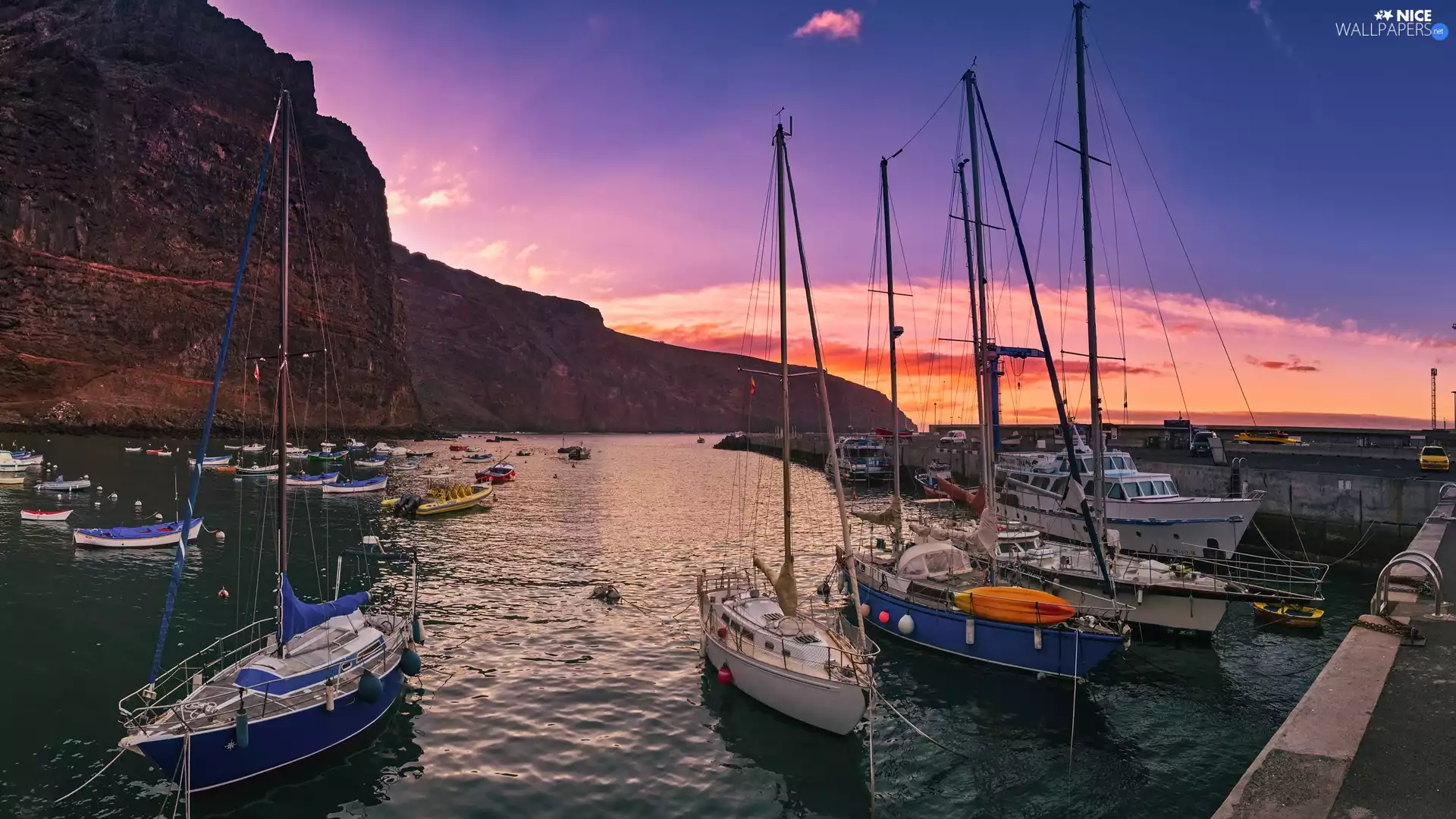 rocks, Sunrise, Harbour, Sailboats, cliff, sea