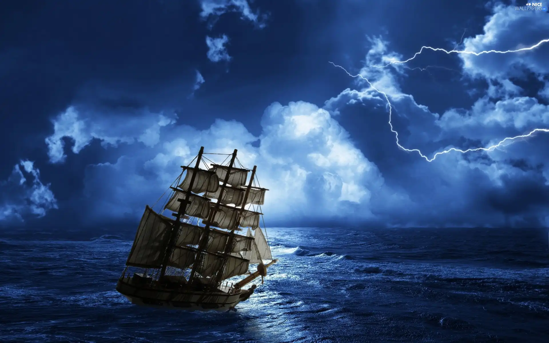 Storm, sea, sailing vessel, clouds