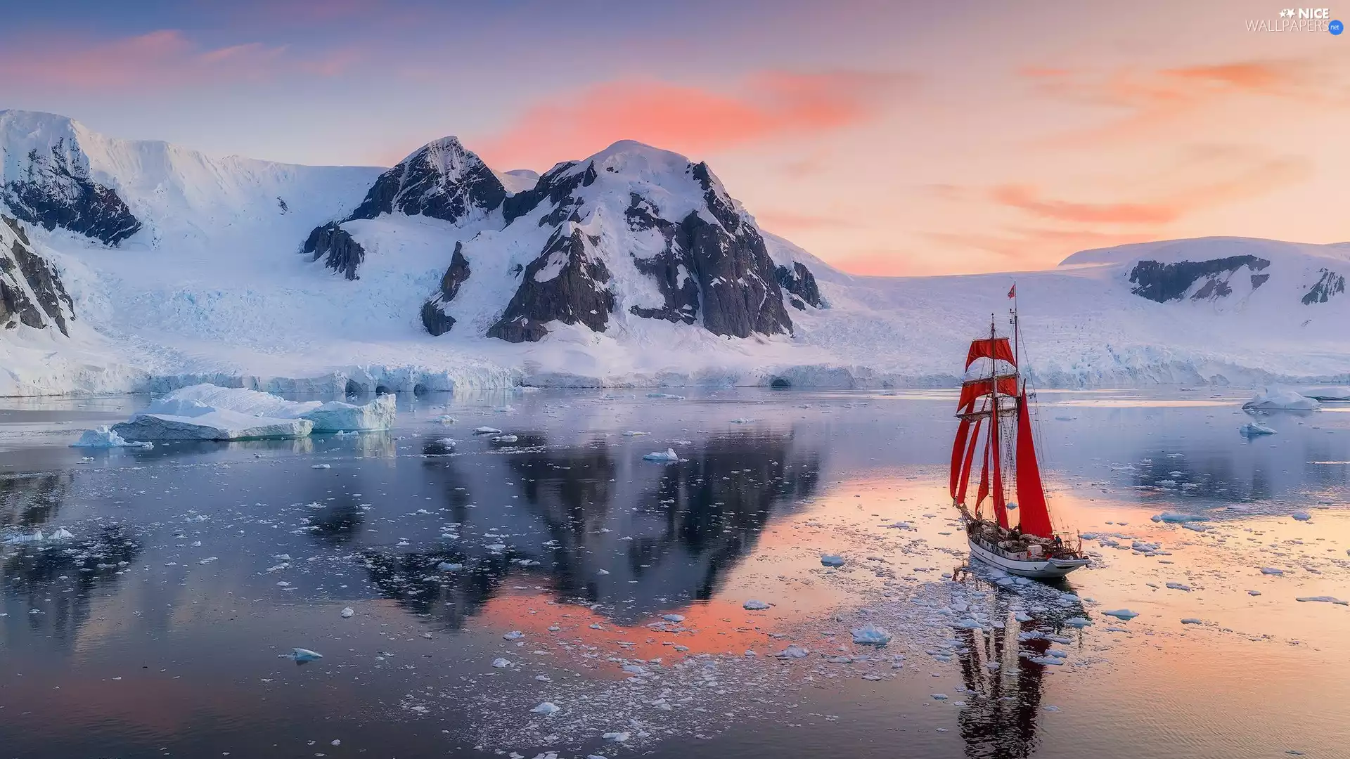 Mountains, sea, Red, sails, sailing vessel, Snowy