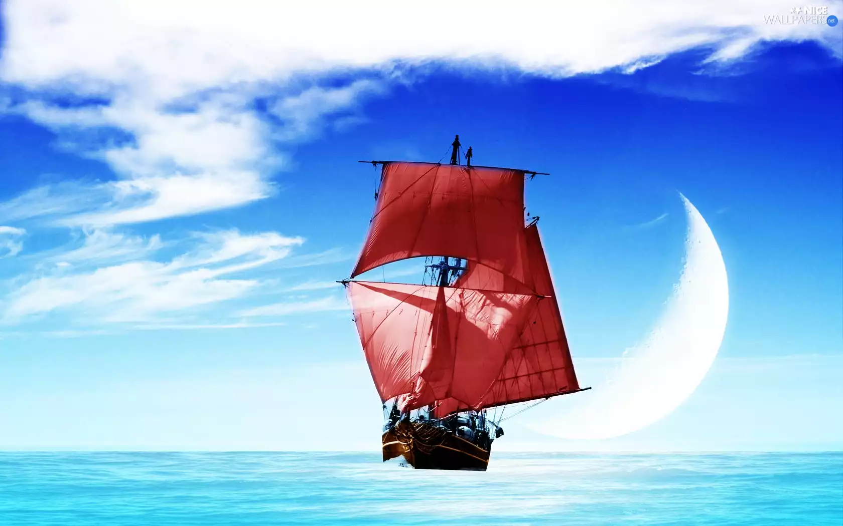 sea, Sky, Red, sails, sailing vessel
