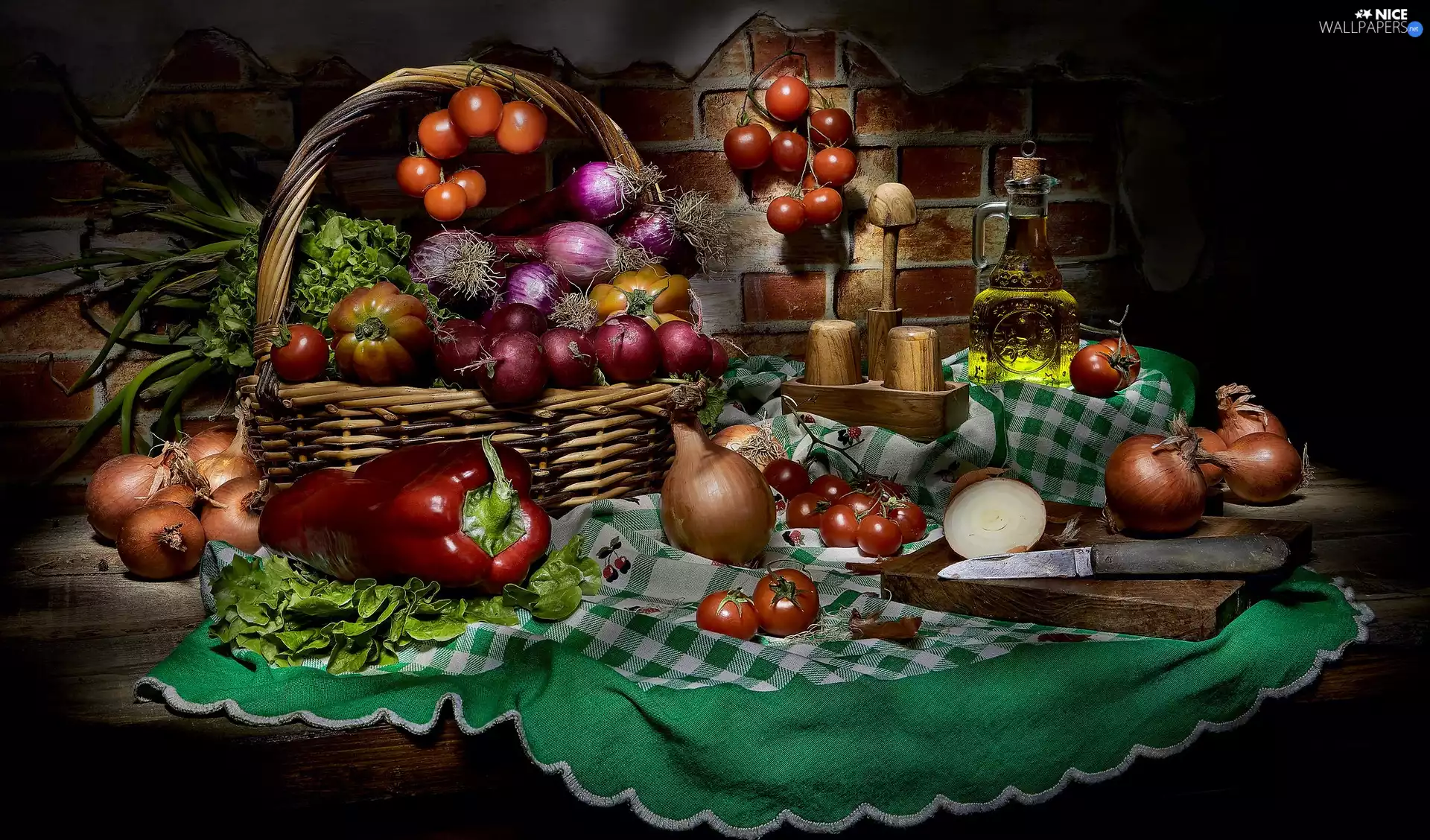 tablecloth, tomatoes, basket, vegetables, lettuce, oil, knife, spice, salt, Beetroot, onion, pepper, pepper, composition