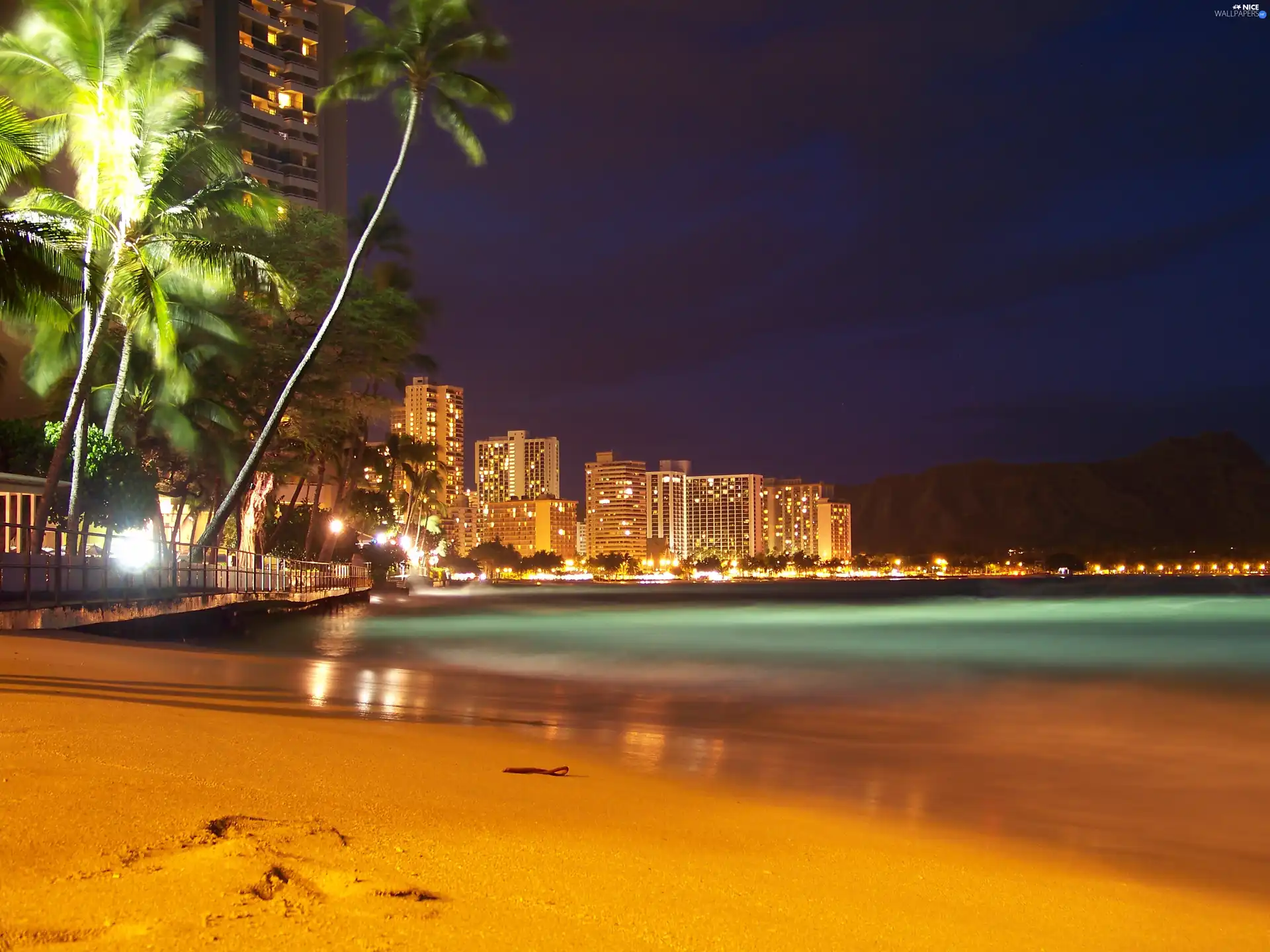 Sand, Waikiki, Palms, skyscrapers, water, Aloha State Hawaje