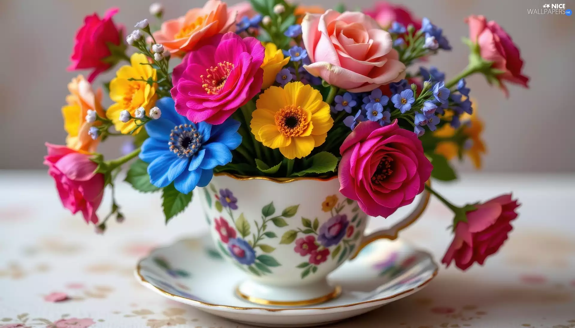 cup, saucer, color, Flowers, bouquet
