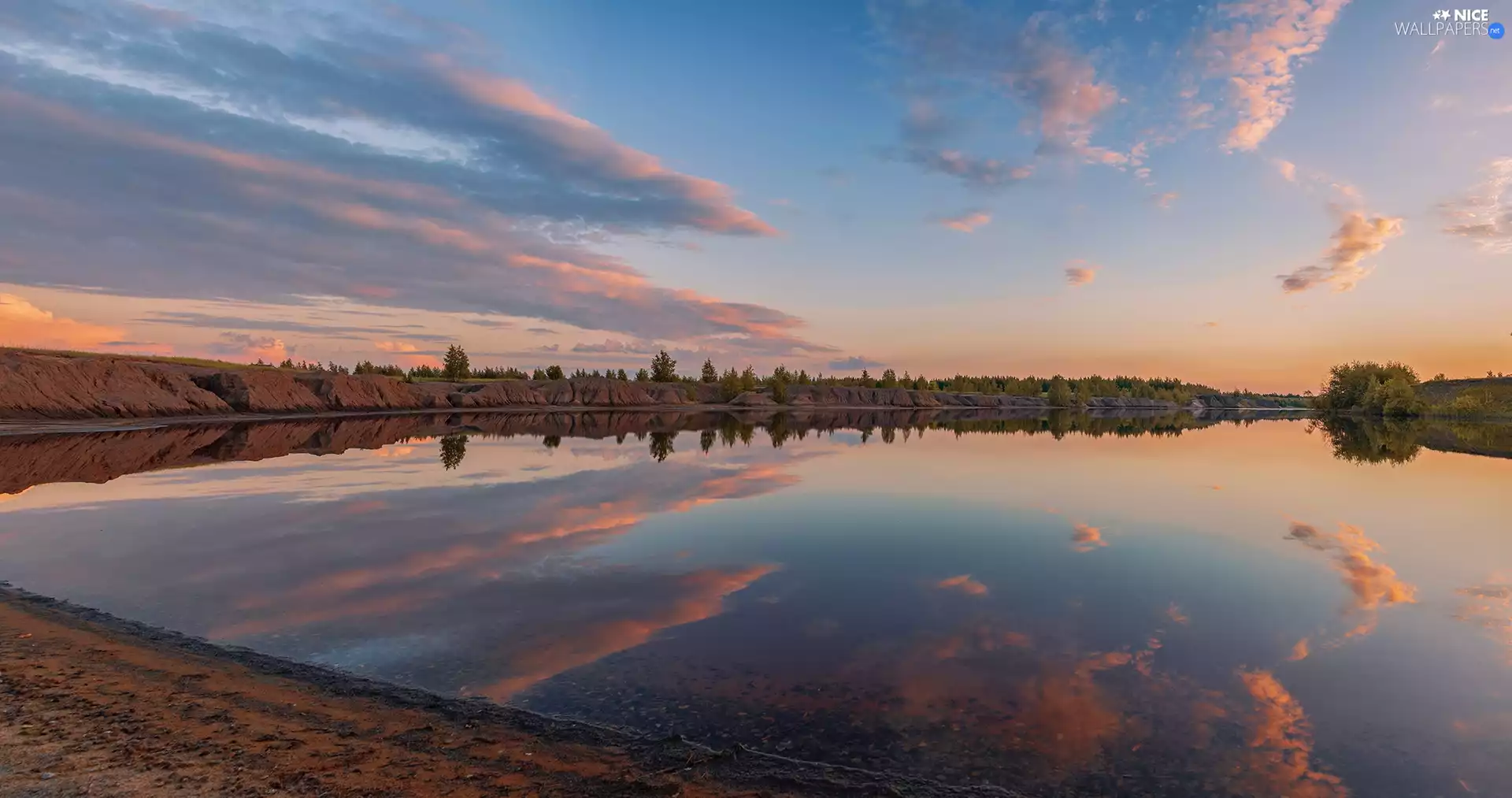 trees, lake, clouds, scarp, Sunrise, viewes, reflection