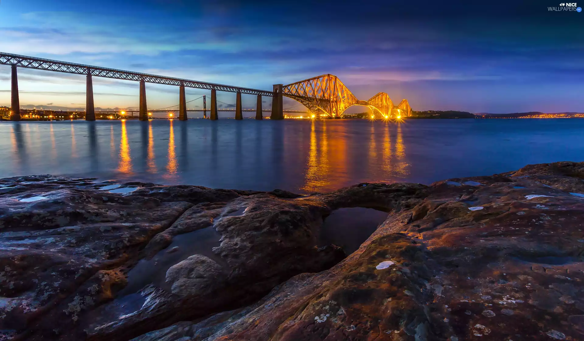 Stones, evening, Forth Bridge, Firth of Forth, Scotland