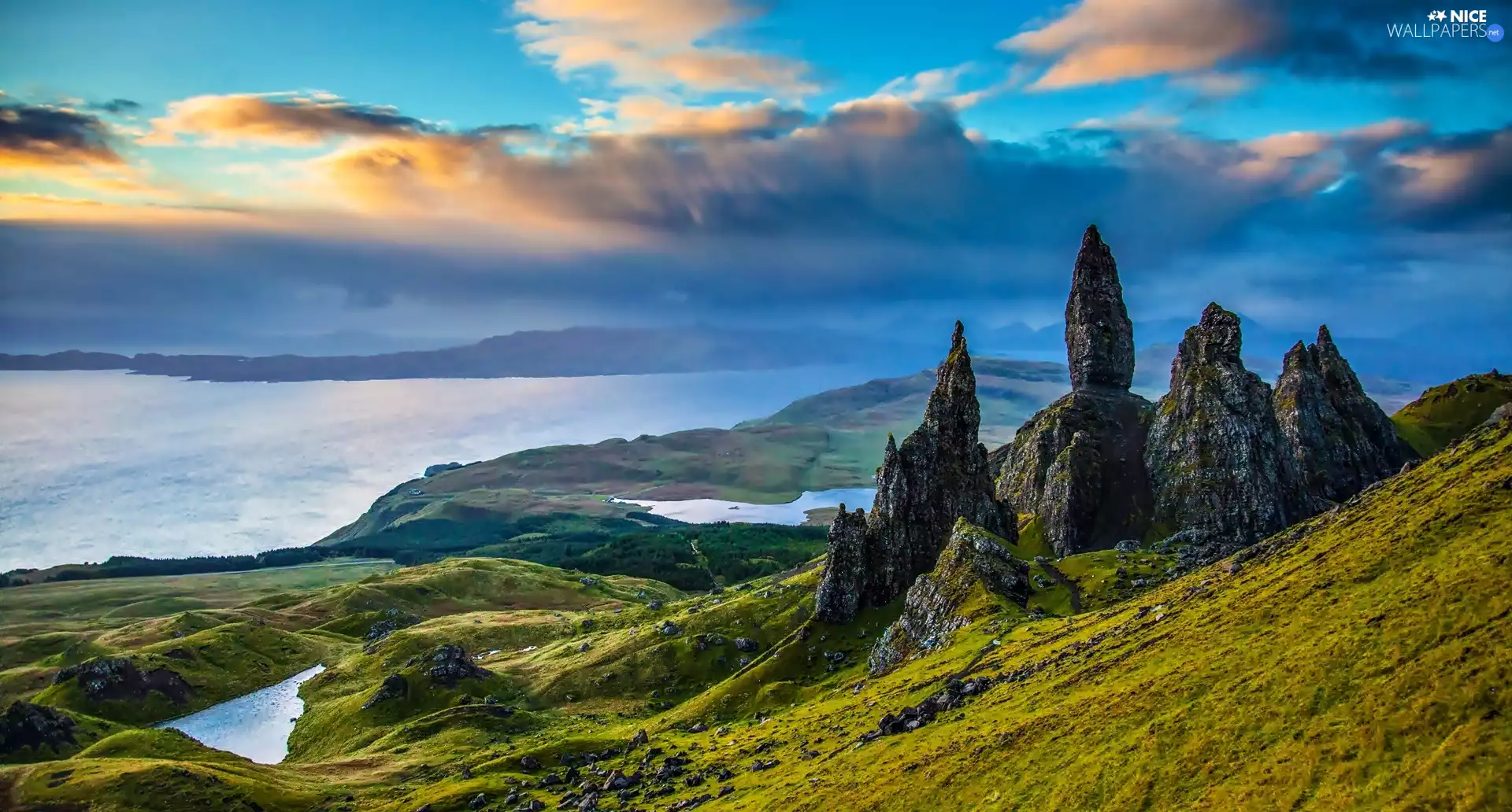 clouds, Scotland, lake, Valley, rocks
