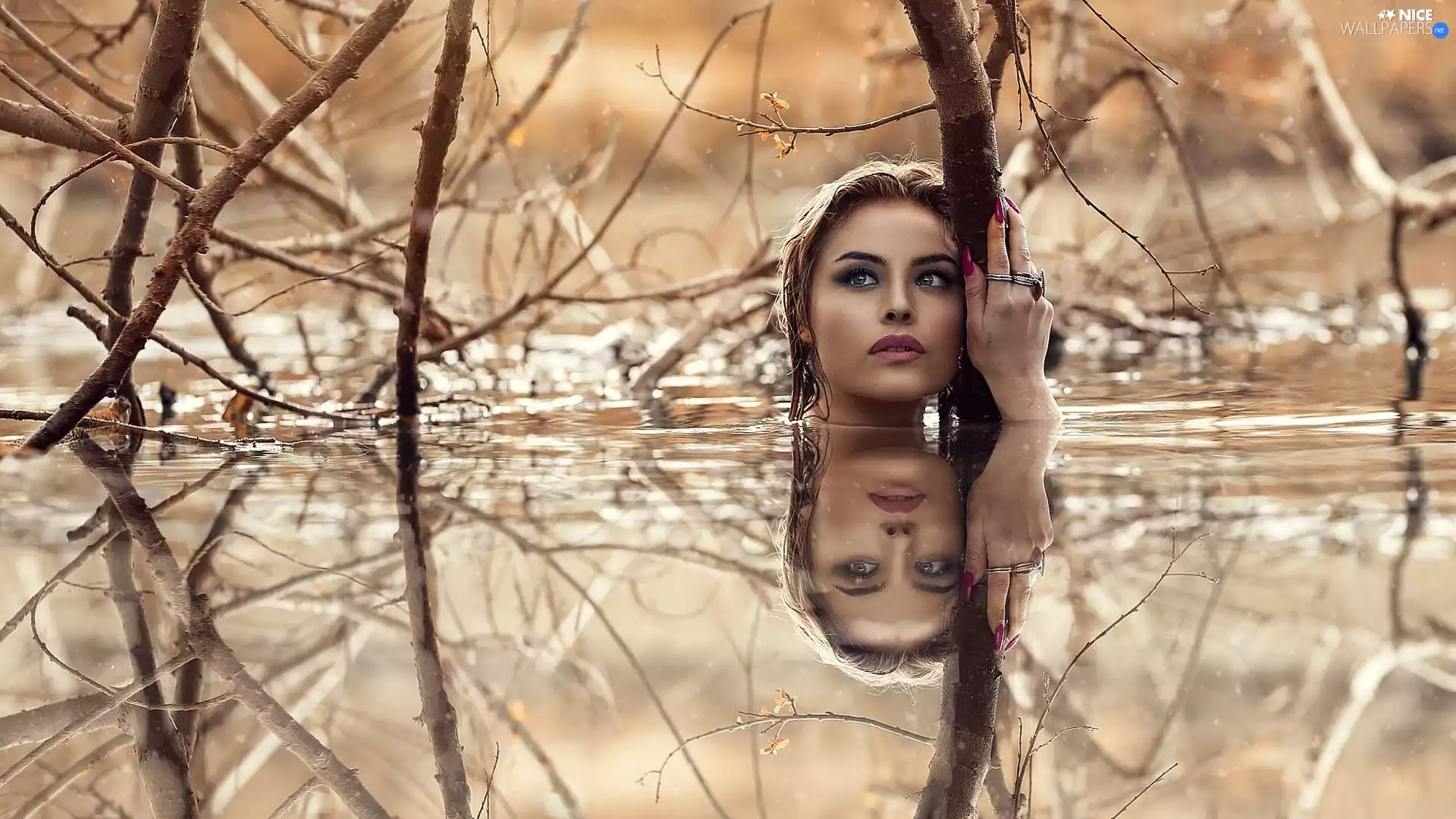 reflection, scrub, face, water, Women