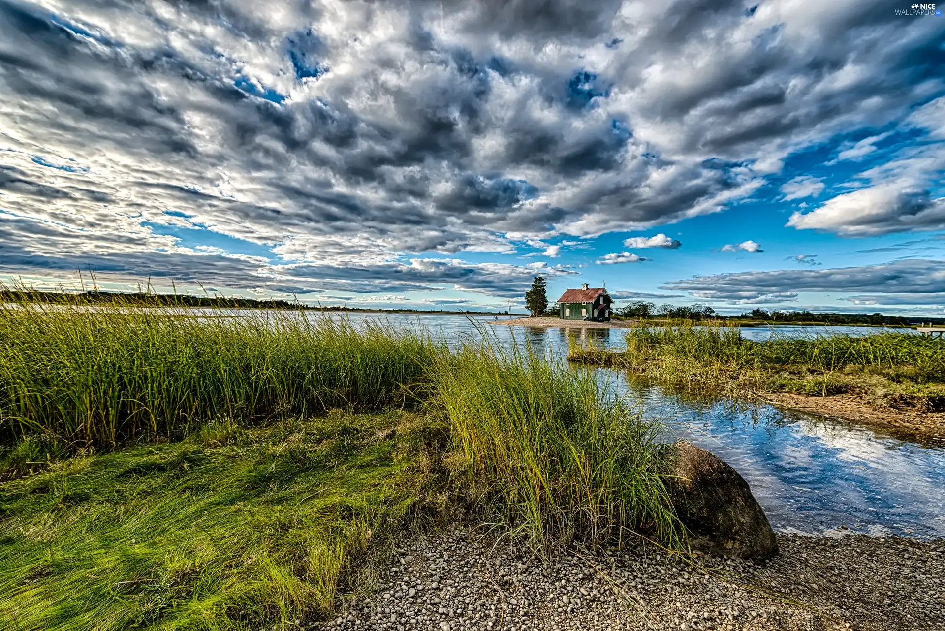 scrub, house, Sky, River, clouds