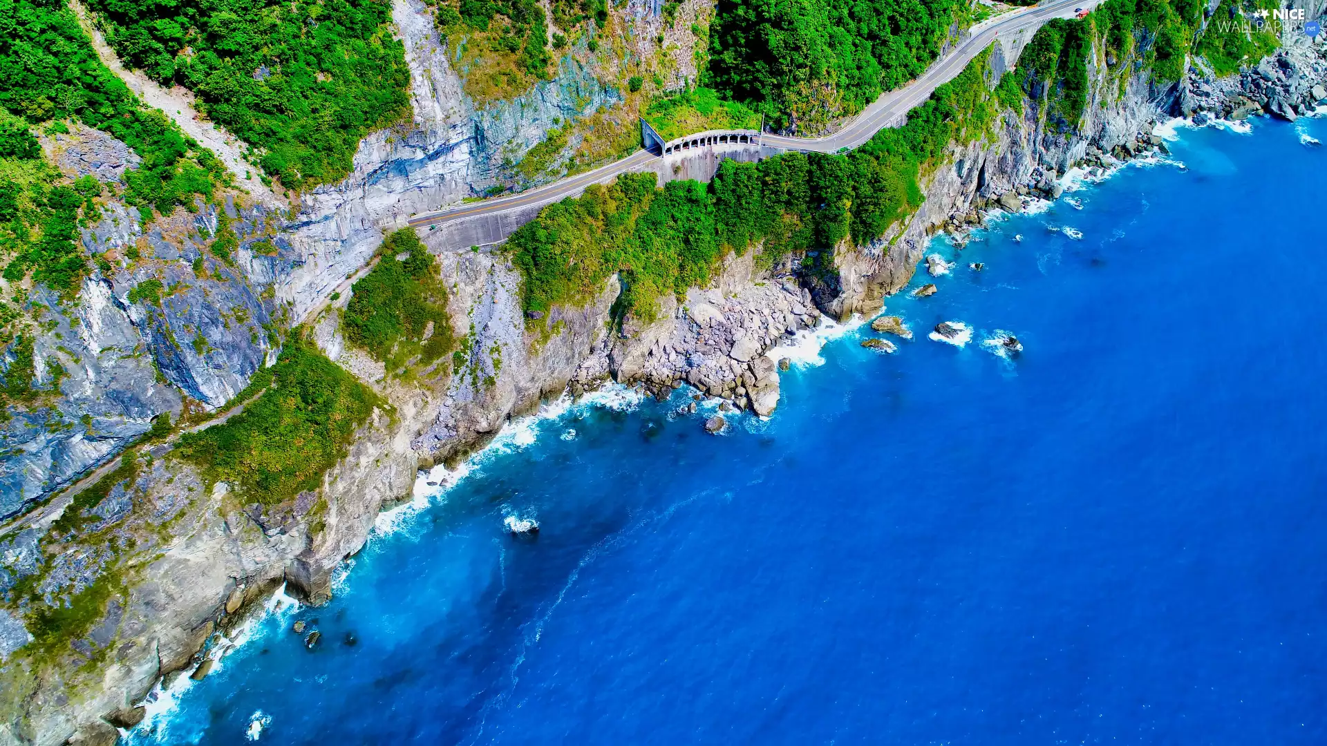 rocks, sea, Aerial View, Coast