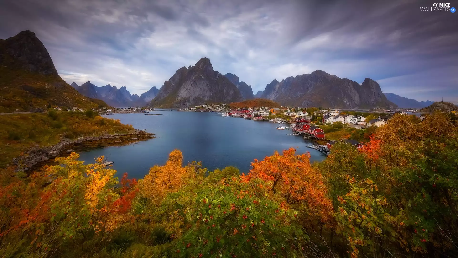 sea, Norway, Mountains, Islands, viewes, Houses, autumn, trees, Lofoten