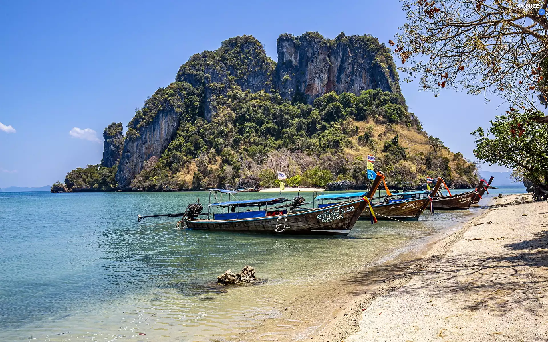 Mountains, sea, Boats, coast, Beaches