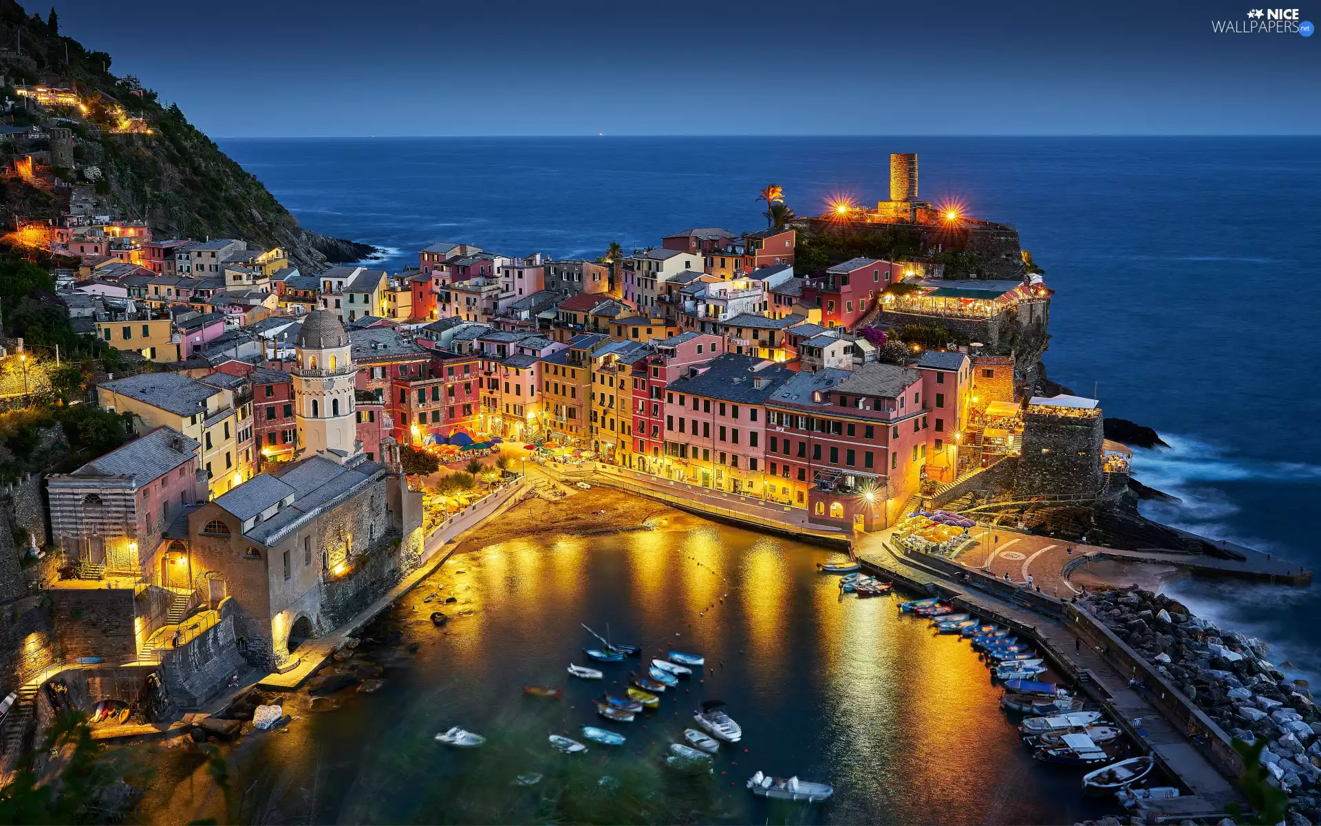 Vernazza, Town, Ligurian Sea, Boats, Houses, port, Italy, sea, Cinque Terre, Night, buildings, Coast