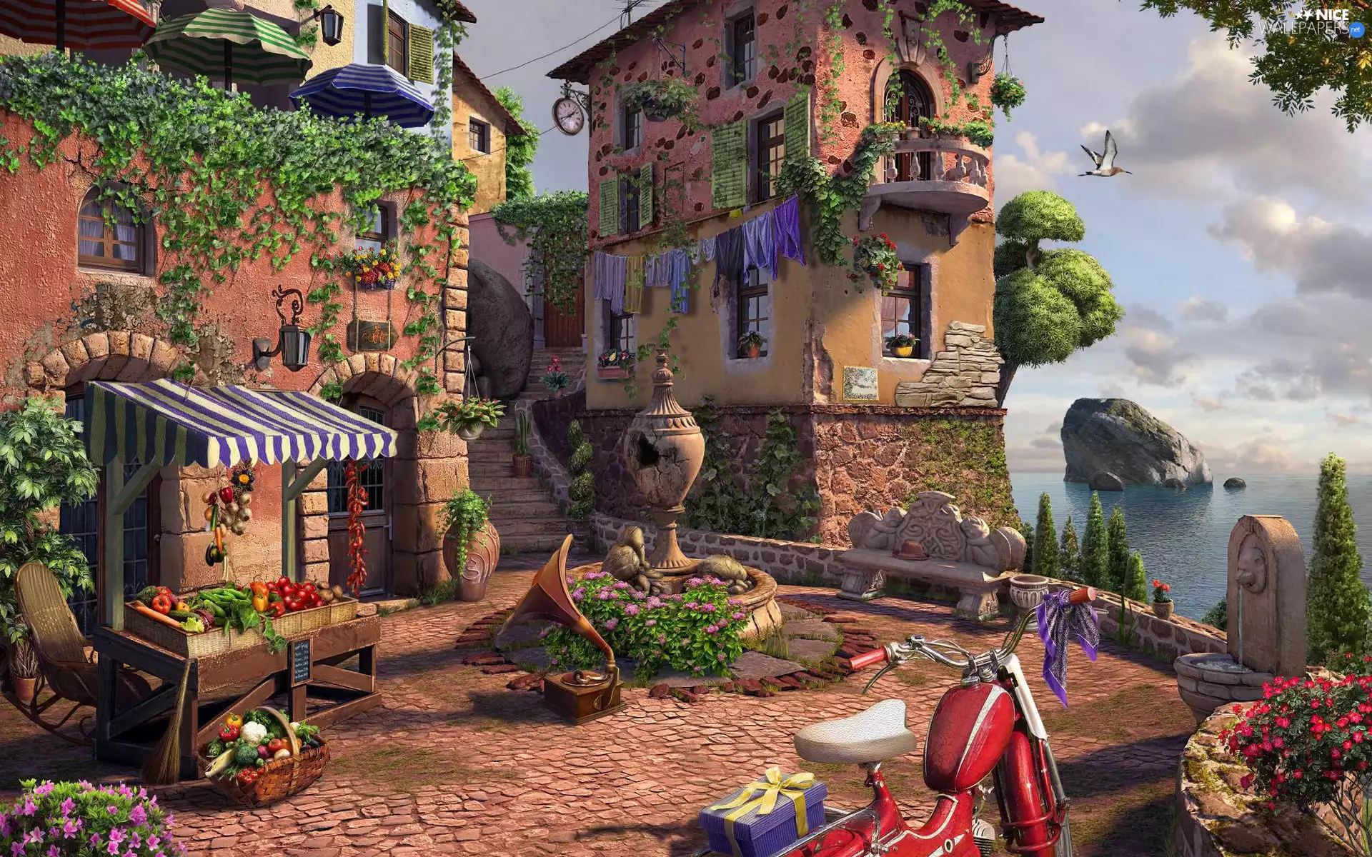 sea, Houses, Flowers, fountain, Bench, graphics, booth, vegetables, Motorbike