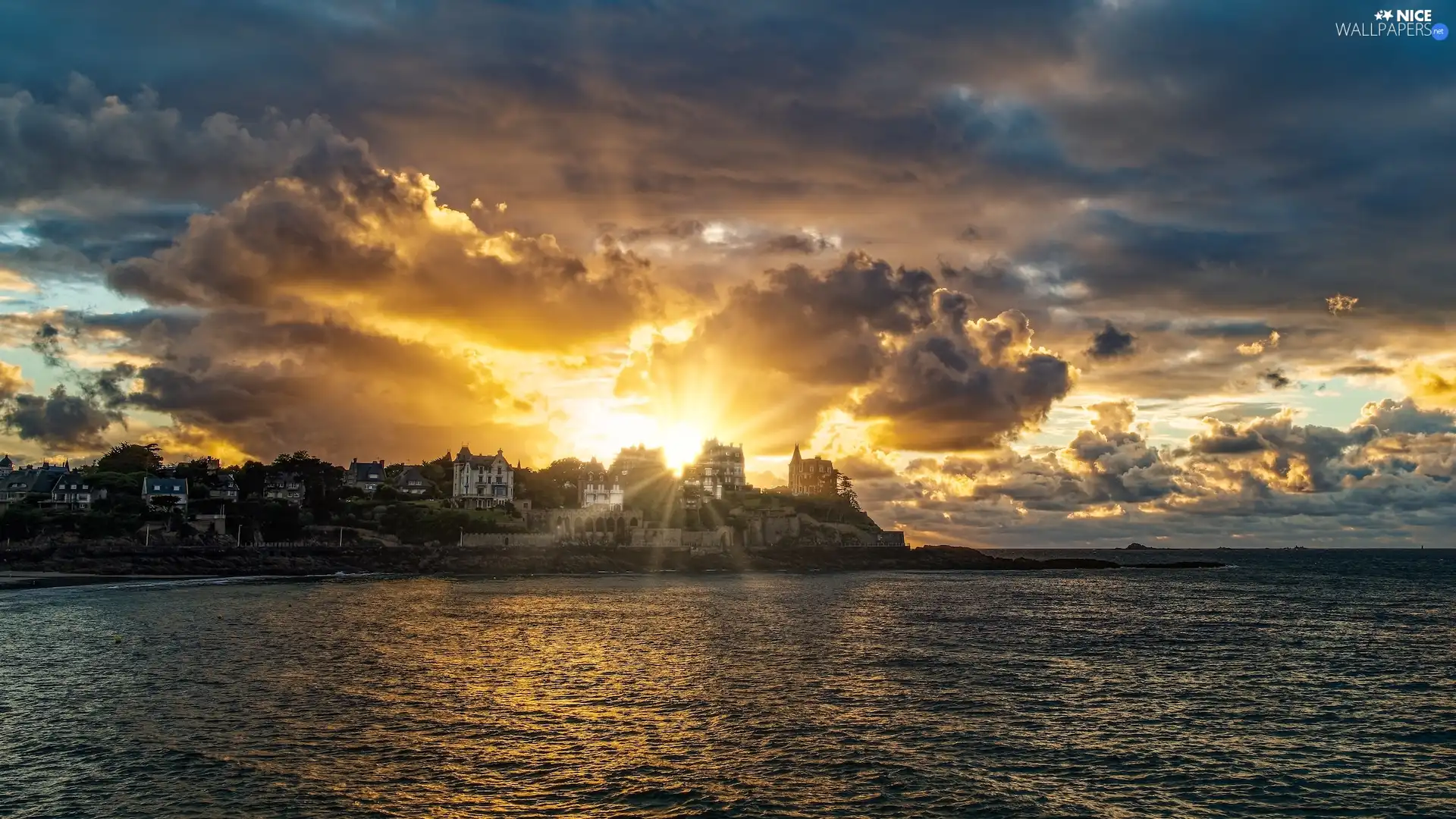 sea, Coast, clouds, rocks, Great Sunsets, Brittany, France, Houses