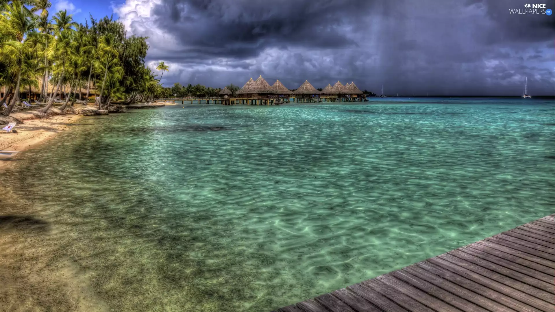 clouds, Houses, pier, sea
