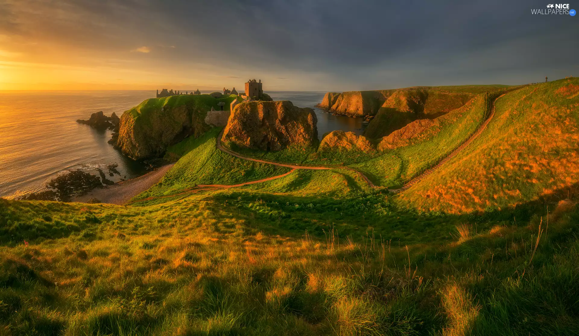 Buldings, Great Sunsets, sea, cliff, Coast