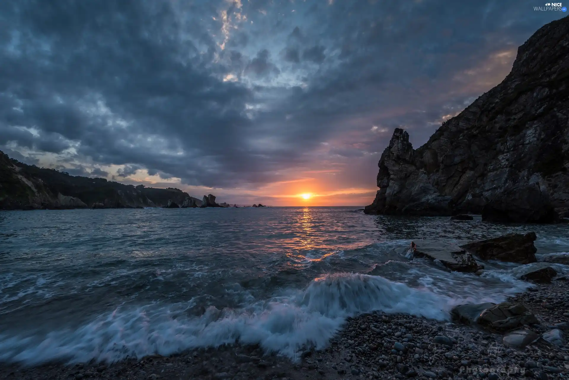 clouds, Great Sunsets, sea, rocks, coast