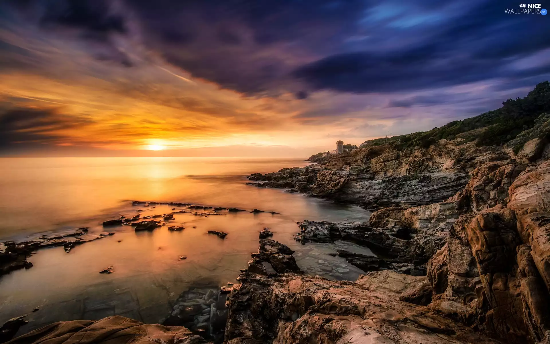 rocks, sea, Coast, Great Sunsets
