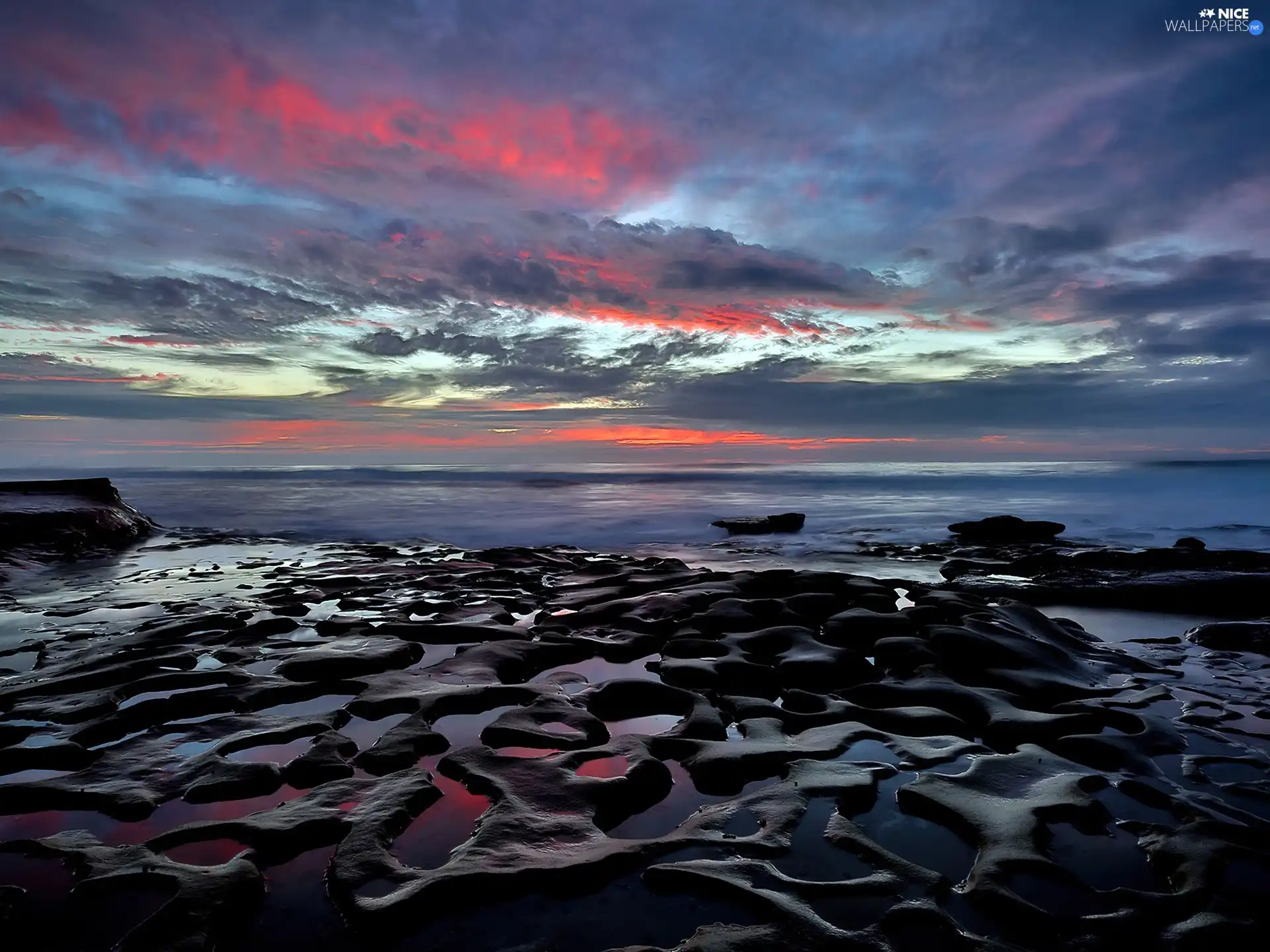 sea, coast, sun, clouds, west