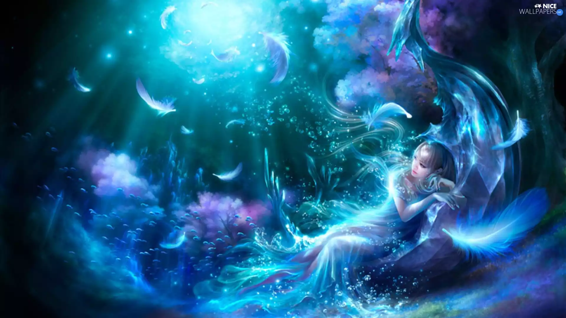 girl, bottom, feather, sea