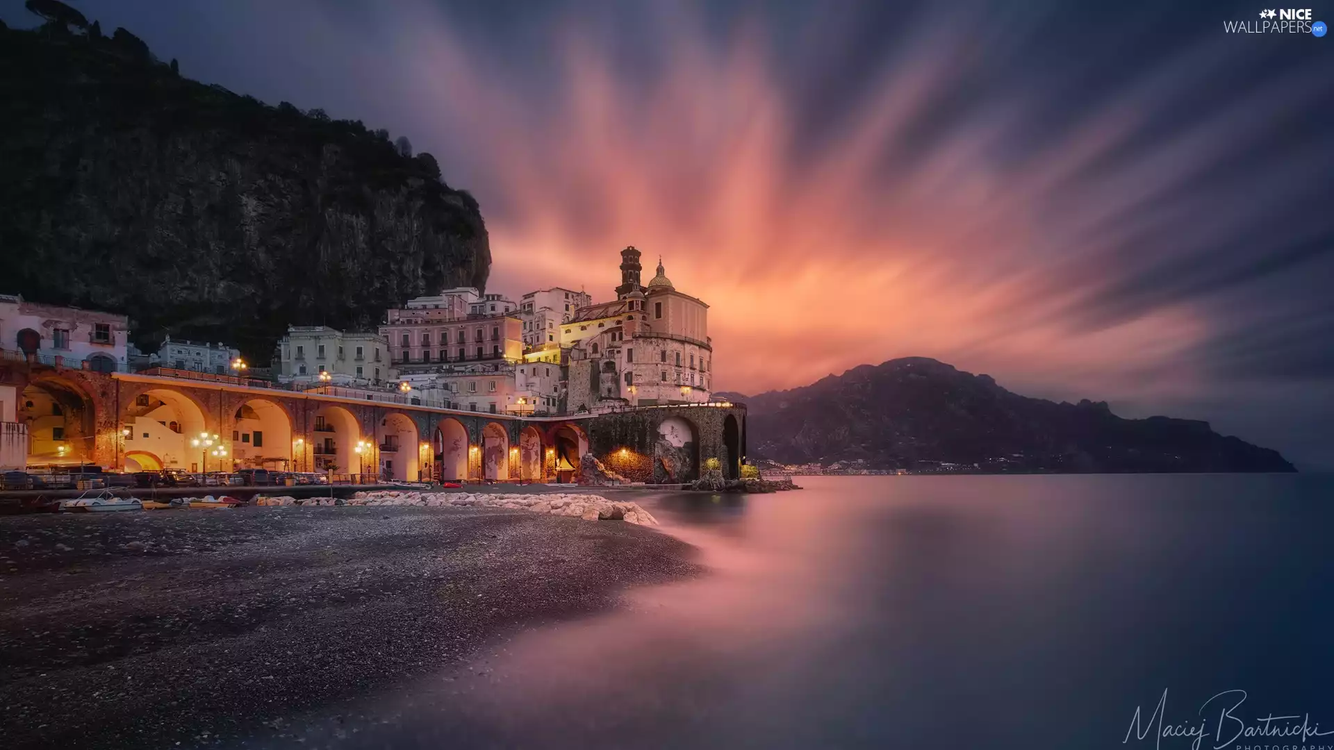 sea, Mountains, Great Sunsets, Coast, light, Amalfi, Italy, Hotel hall