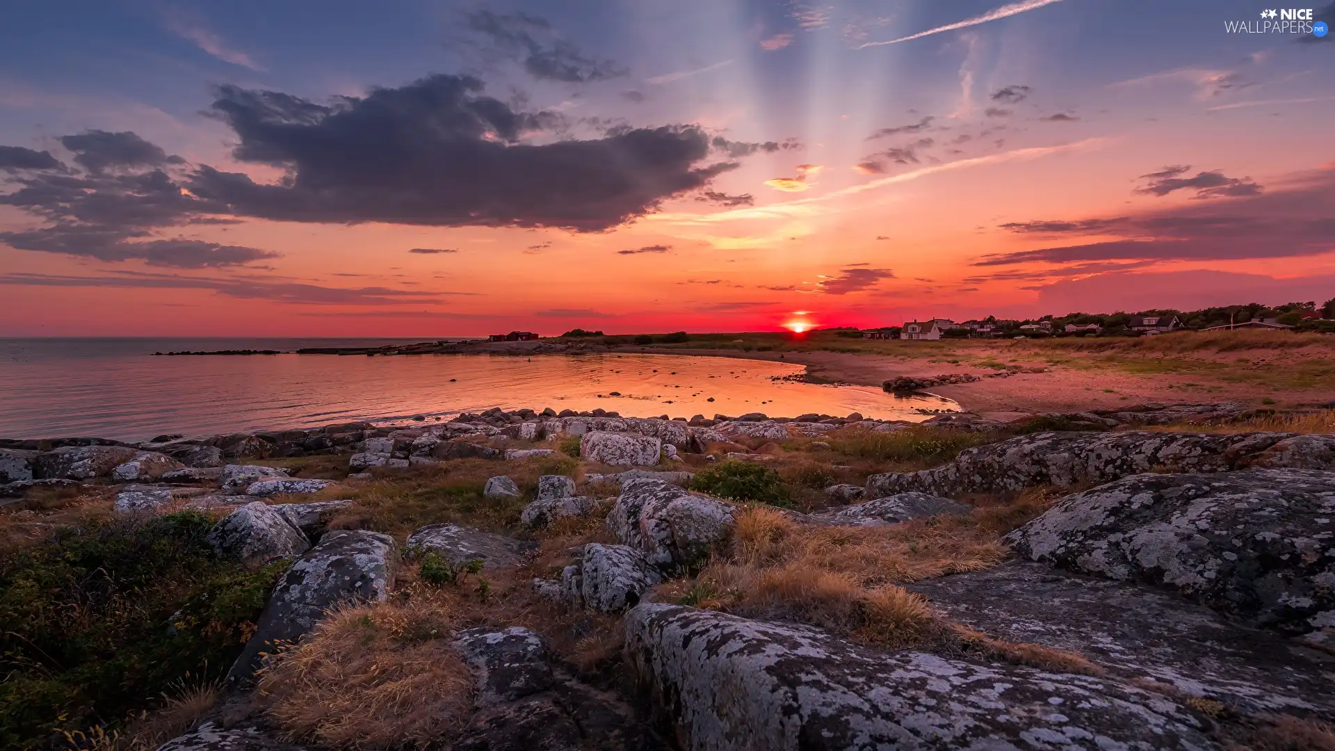 rocks, Coast, Houses, Gulf, Great Sunsets, Stones, sea