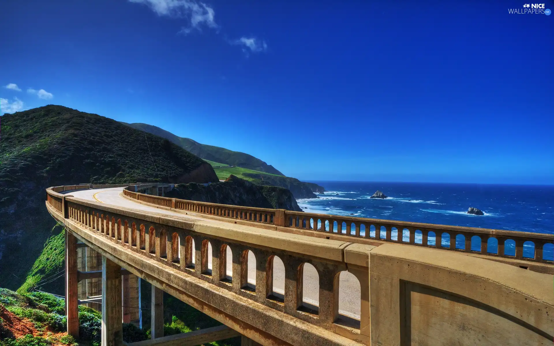 sea, bridge, Mountains