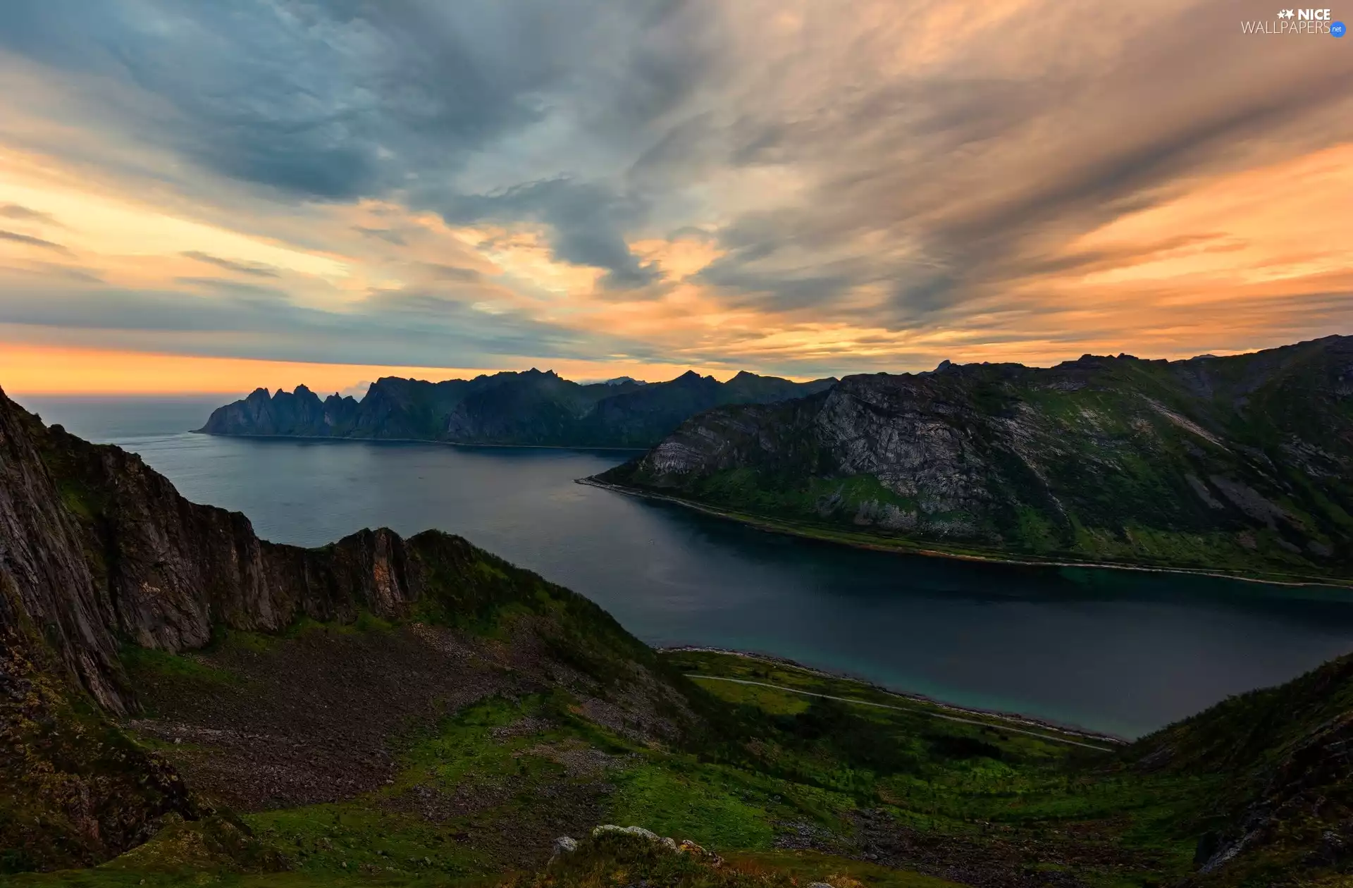Mountains, Sunrise, clouds, sea