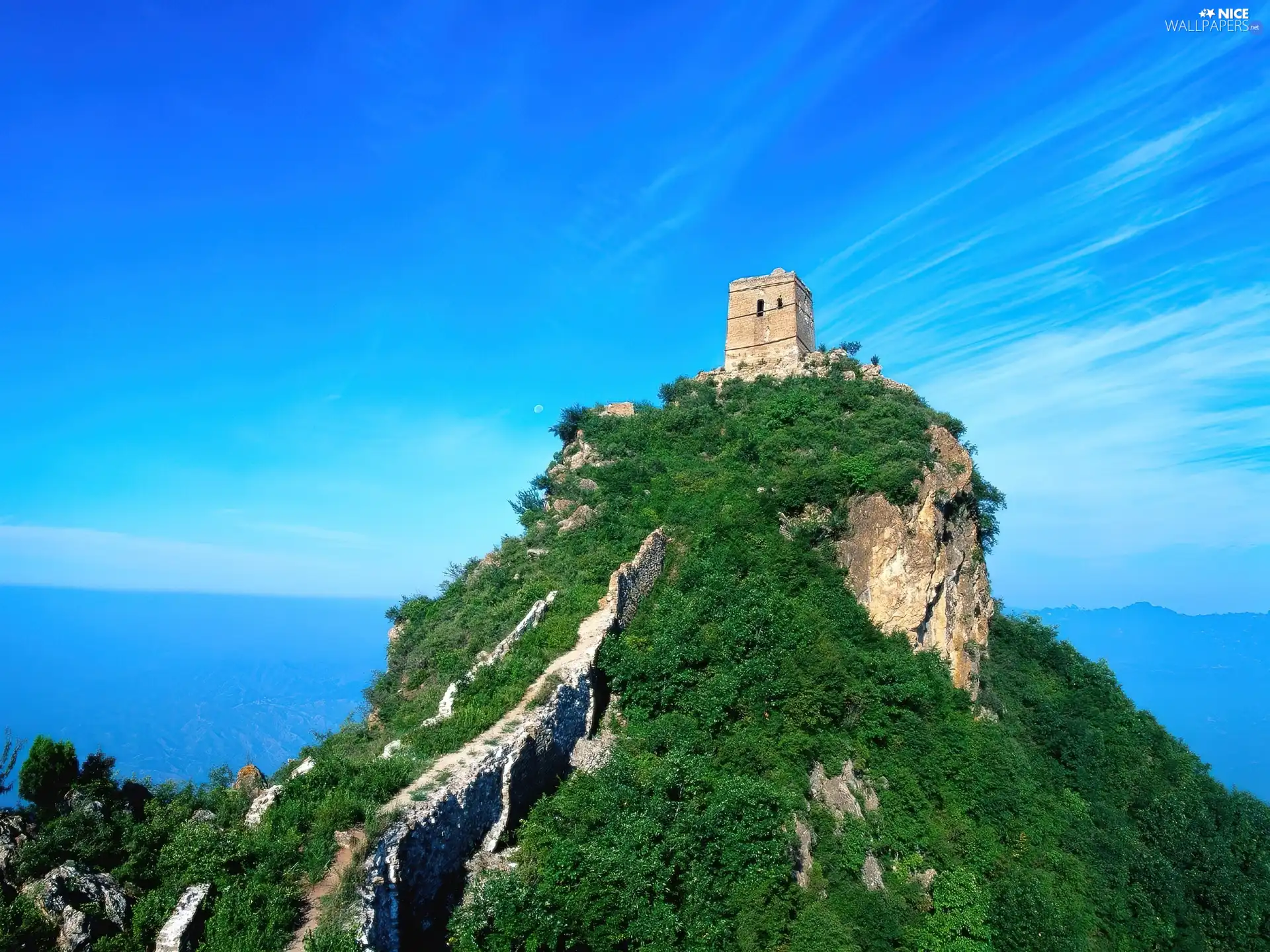 mountains, scrub, sea, ruins