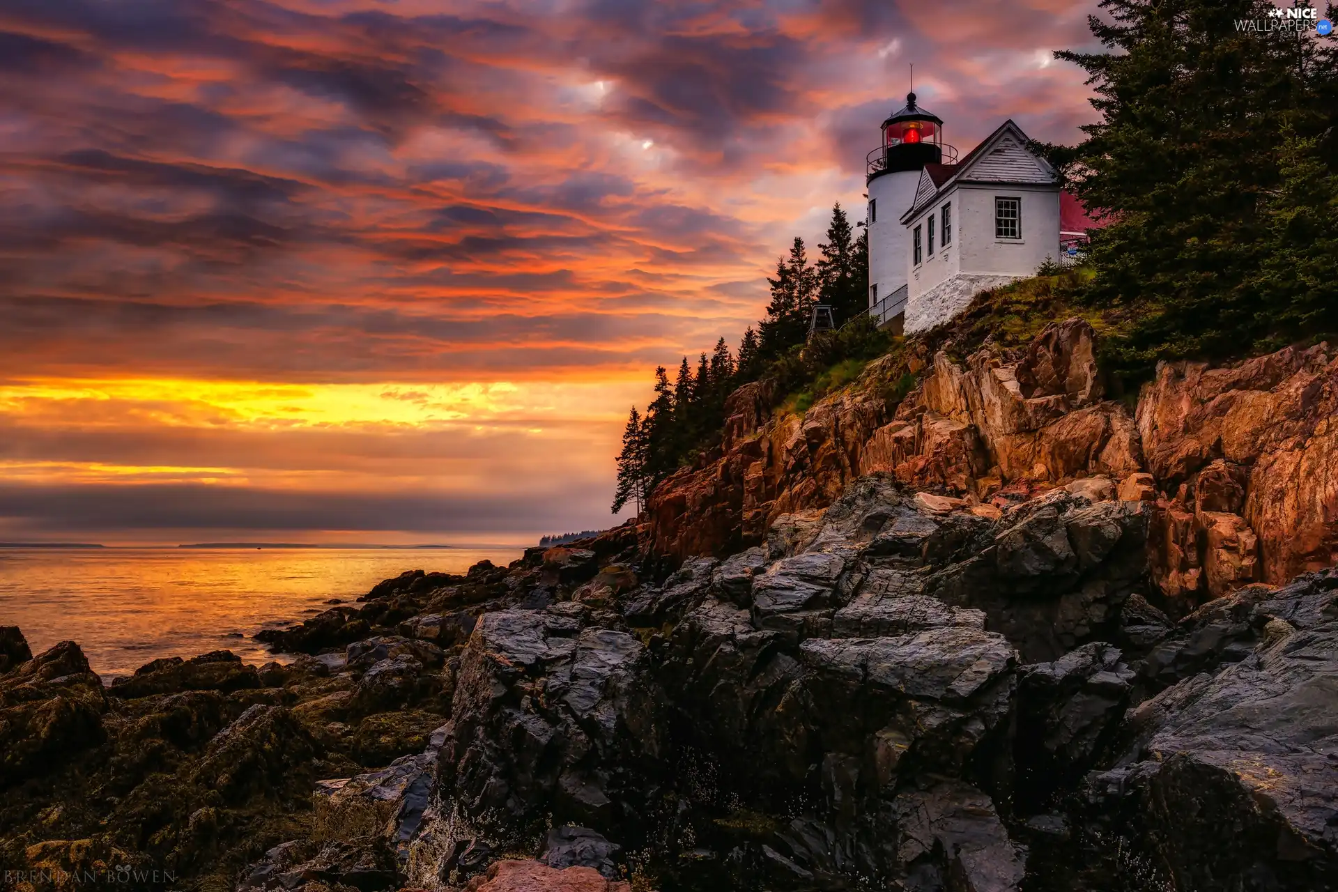 Acadia National Park, bass harbor, Great Sunsets, Lighthouses, rocks, State of Maine, The United States, sea