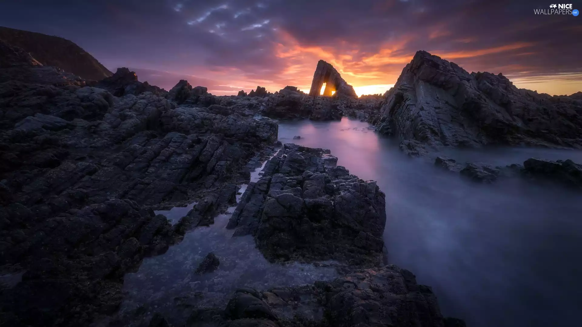 Vallina Beach, Province of Asturias, rocks, Cudillero Municipality, Spain, sea, Great Sunsets