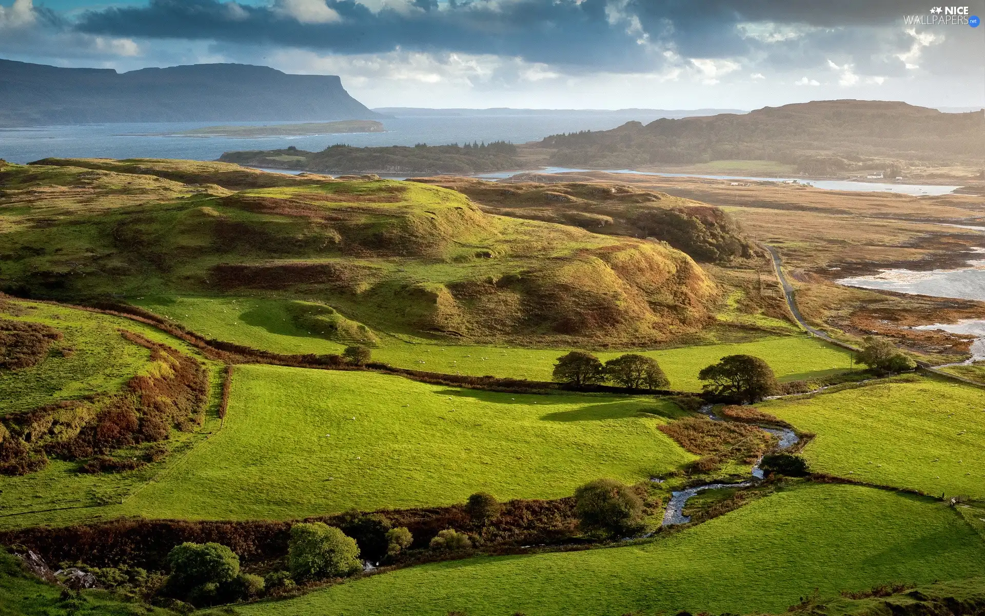 River, field, sea, Mountains