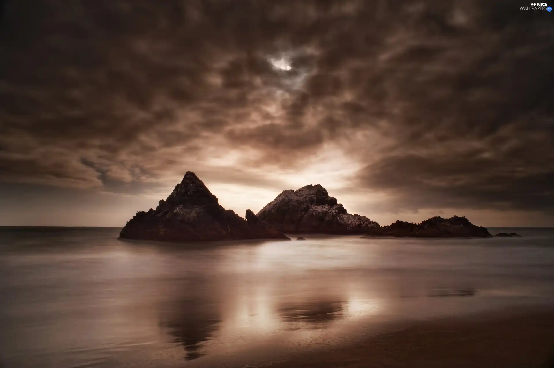 sea, clouds, rocks