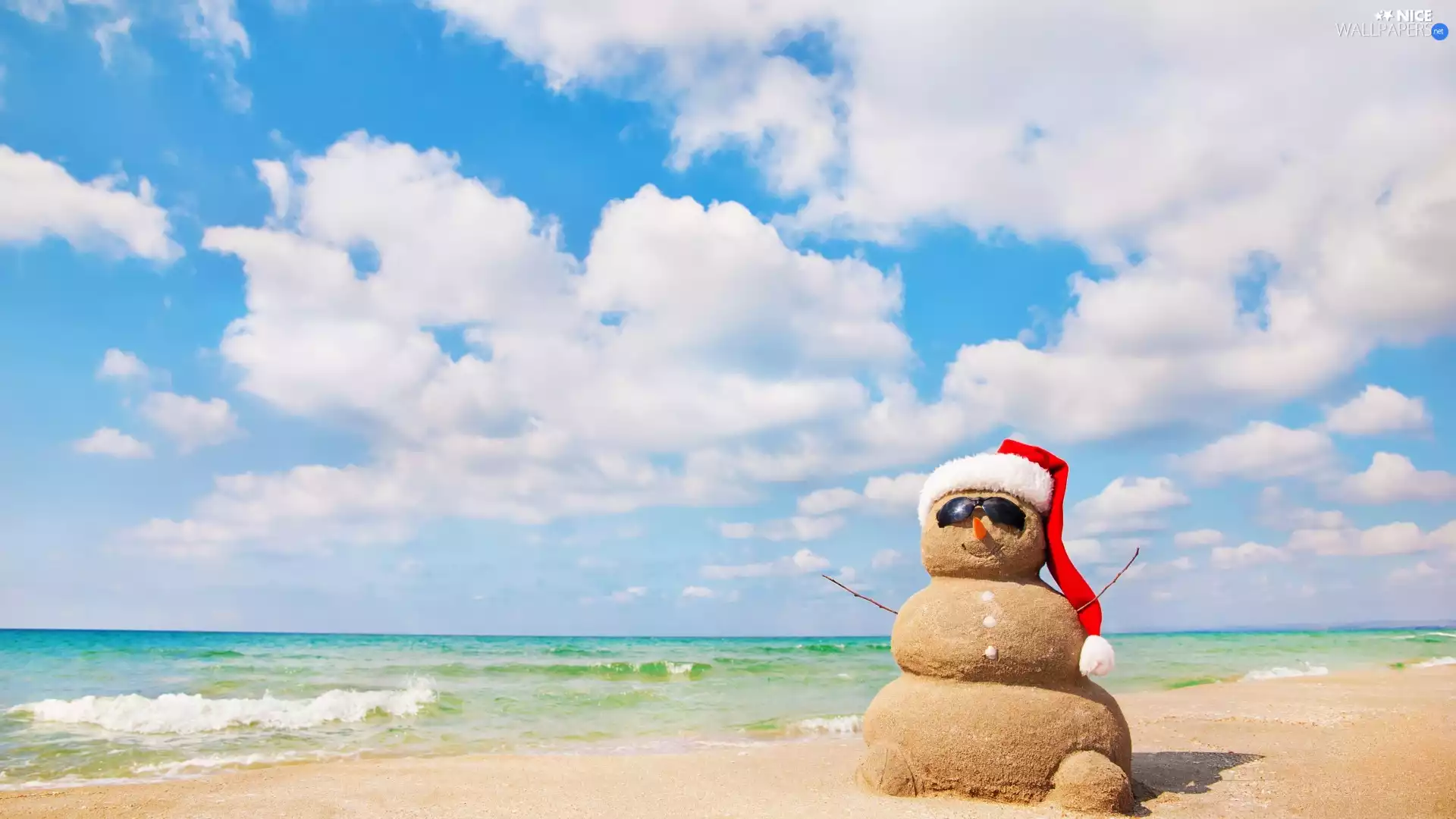 Snowman, Beaches, Glasses, sea, Hat, Sand