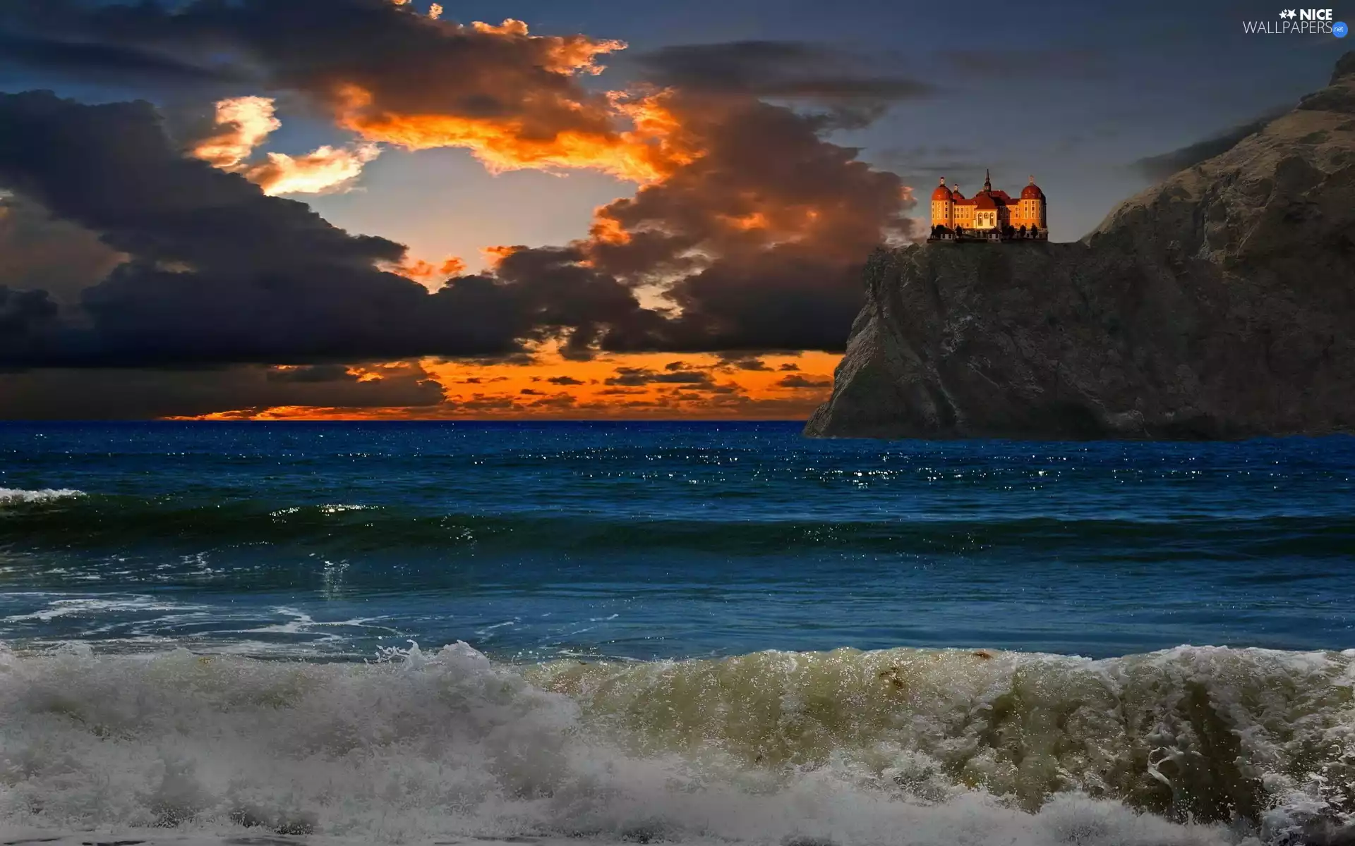 Sky, rocks, palace, sea