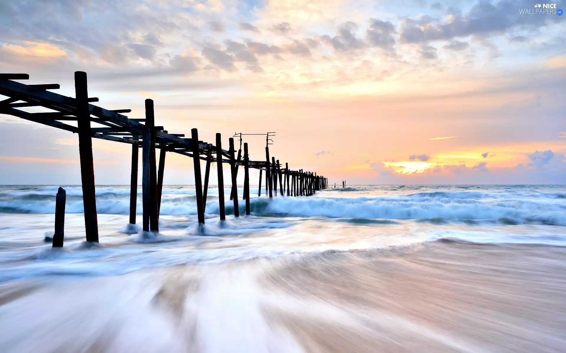 Sunrise, destroyed, pier, sea