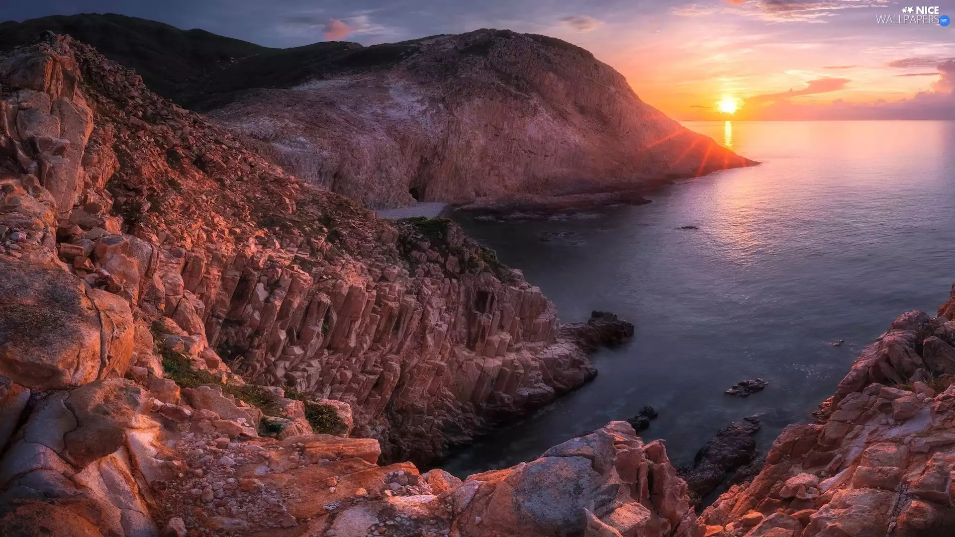 Mountains, rocks, Coast, sea, Great Sunsets