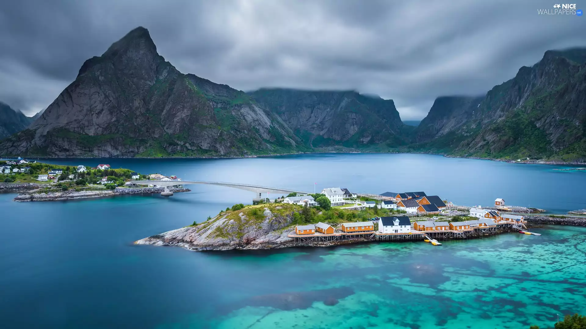 Houses, bridge, Norway, clouds, Lofoten, Mountains, sea, Village Hamnøy