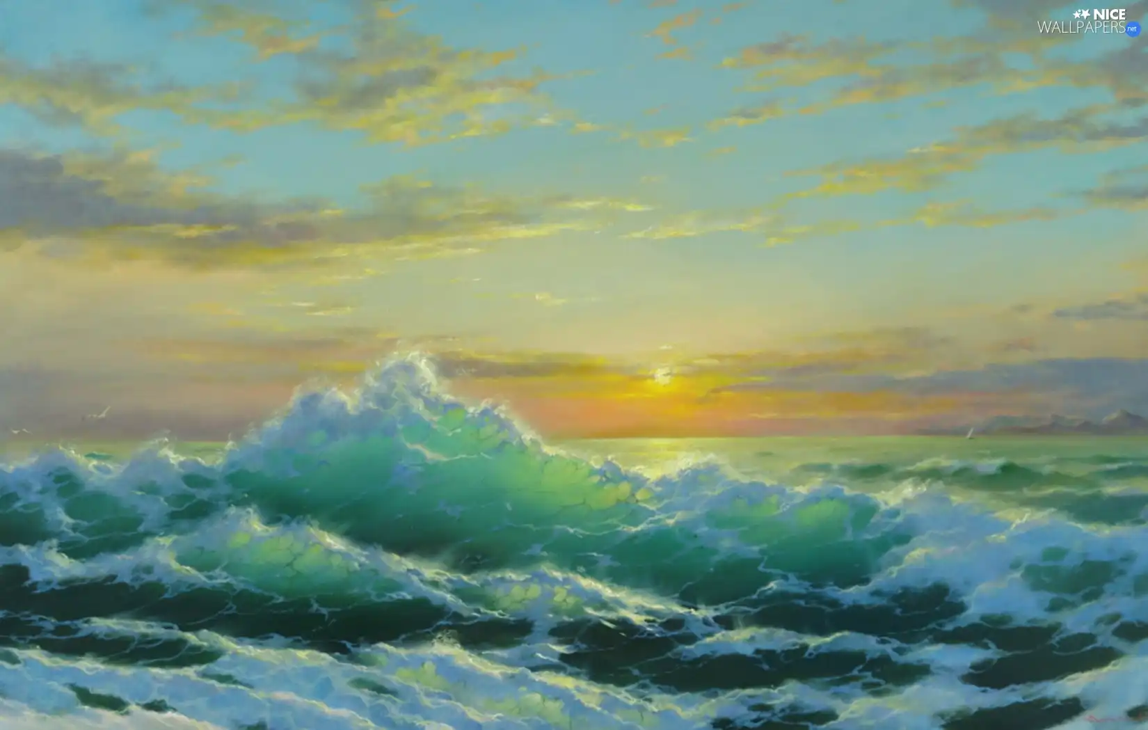 sea, George Dimitriev, Waves, Sky, west, painting